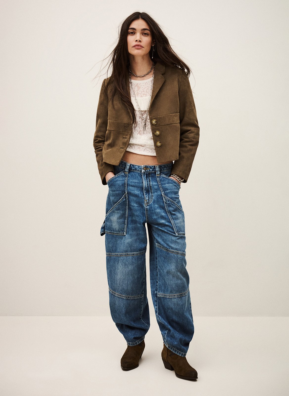 Jas getailleerd met colbertkraag van fluweel leer BA&SH Kaki