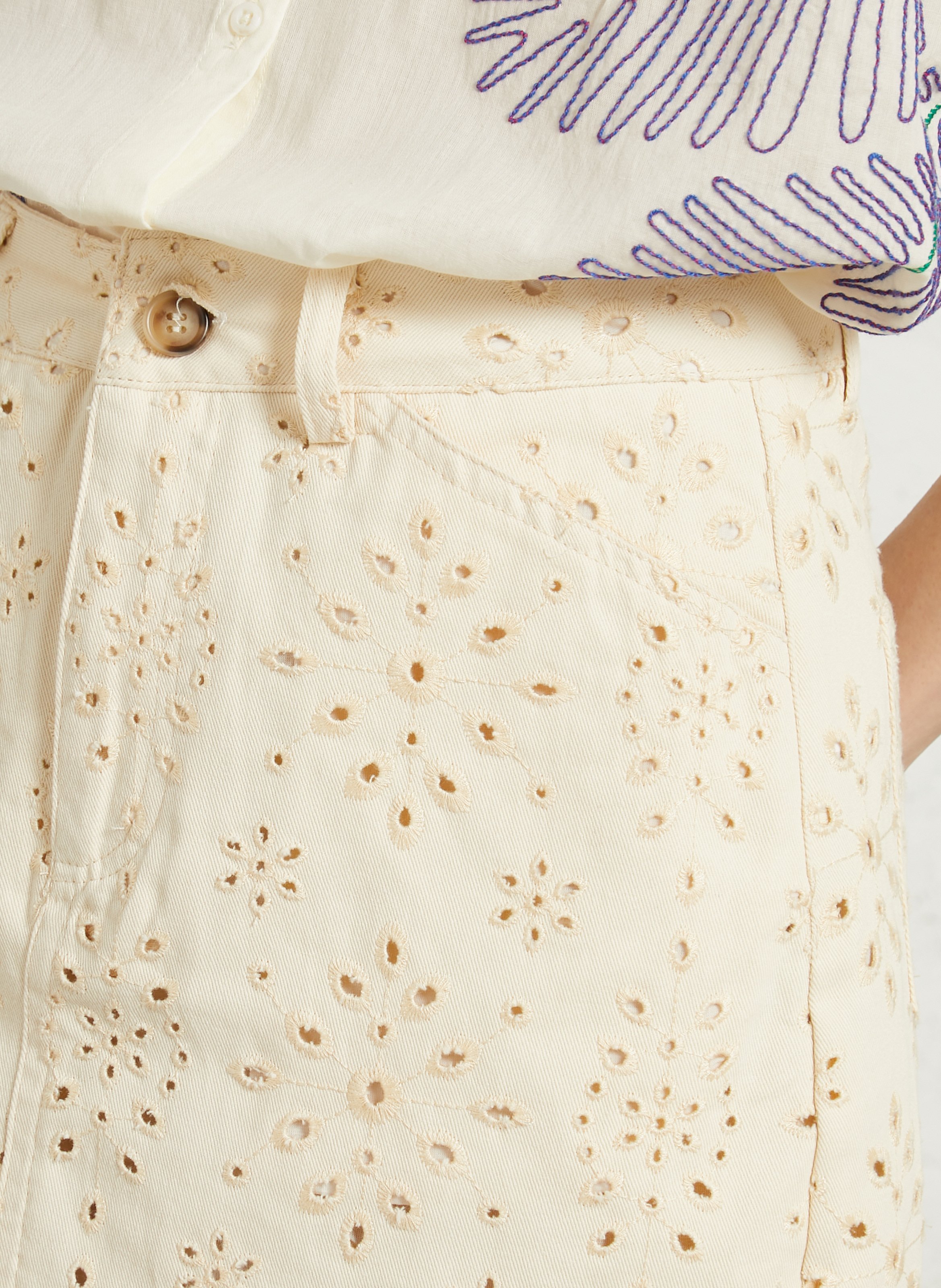 Mini jupe courte droite brodée THE KORNER Blanc