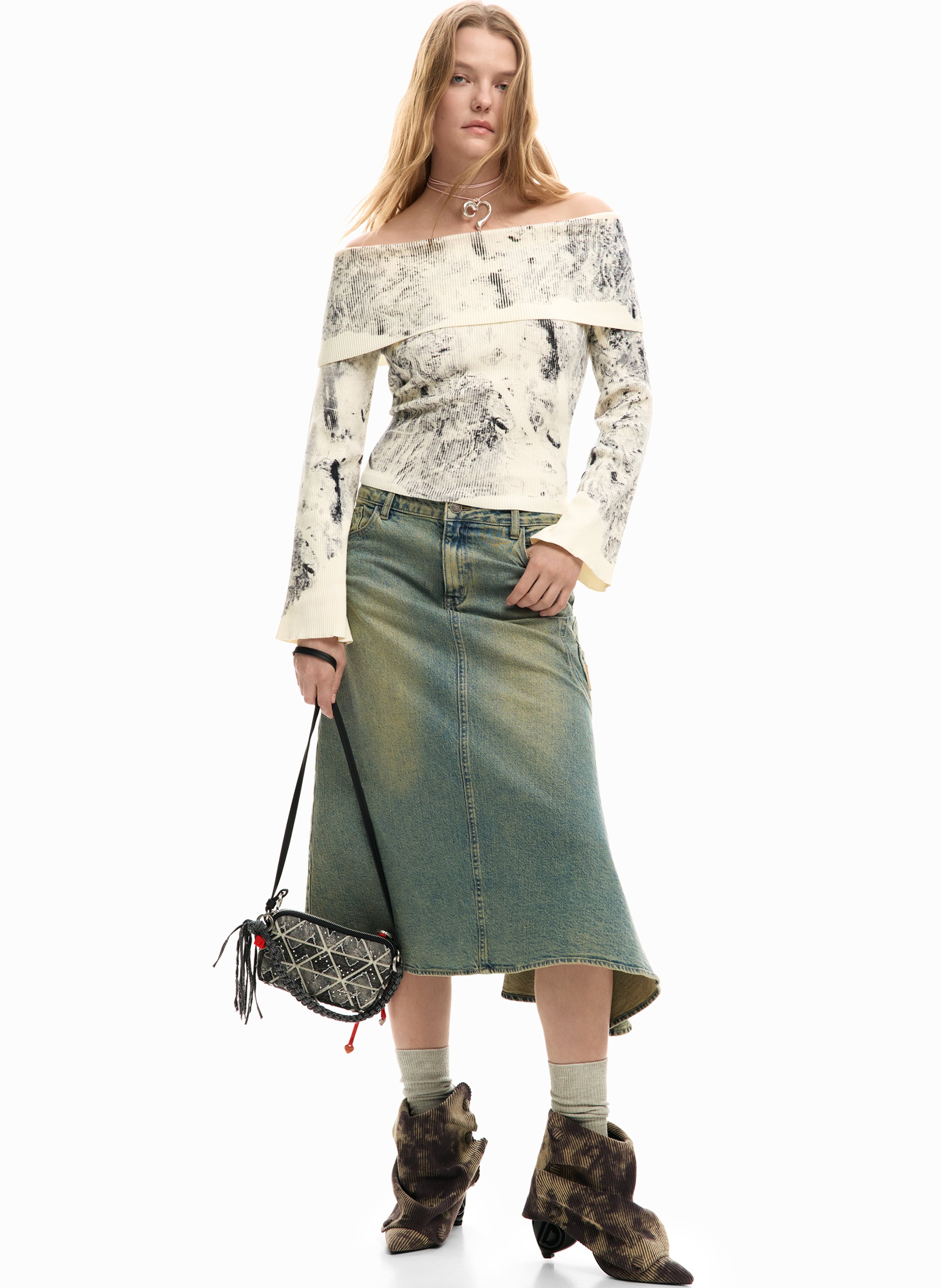 Pull col bardot imprimé DESIGUAL Noir