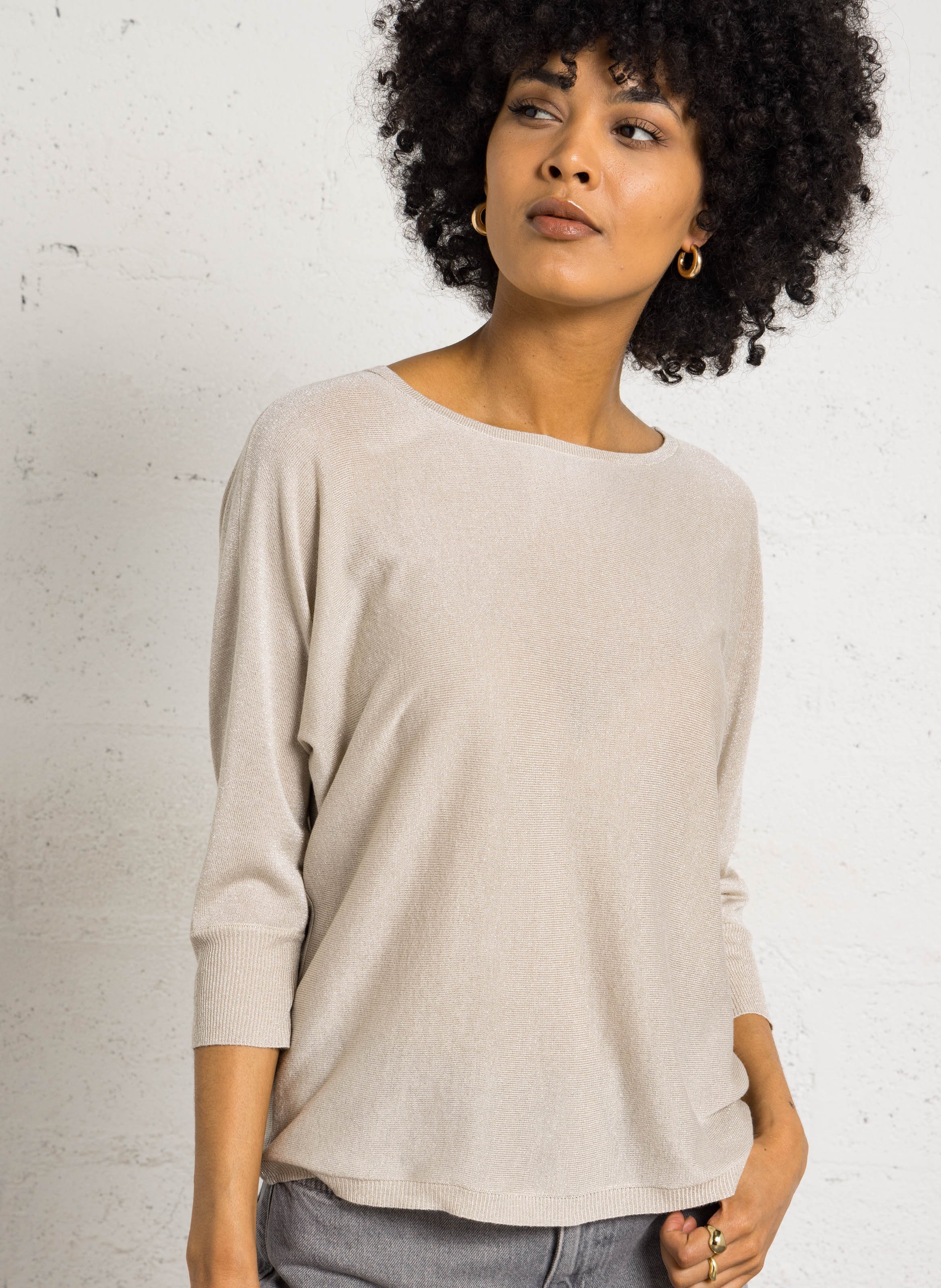 Thin sparkly sweater with 3/4 sleeves. SUD EXPRESS Beige