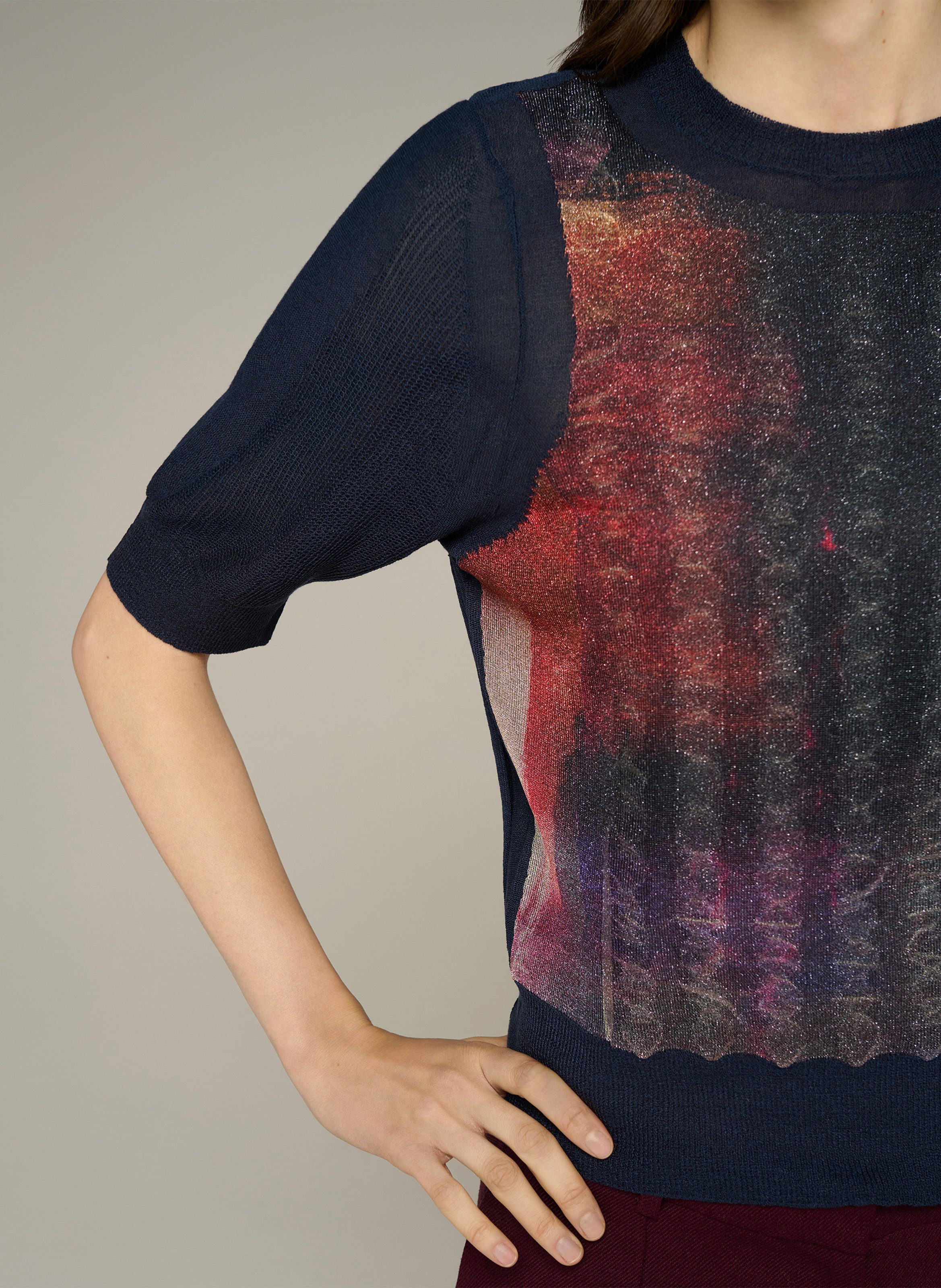 Pull droit col rond en jacquard métallisé | Bleu COTELAC Femme