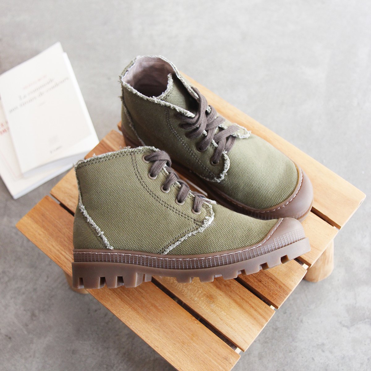 Lace-up recycled cotton canvas mid-calf boots with lugged sole JULES & JENN Green