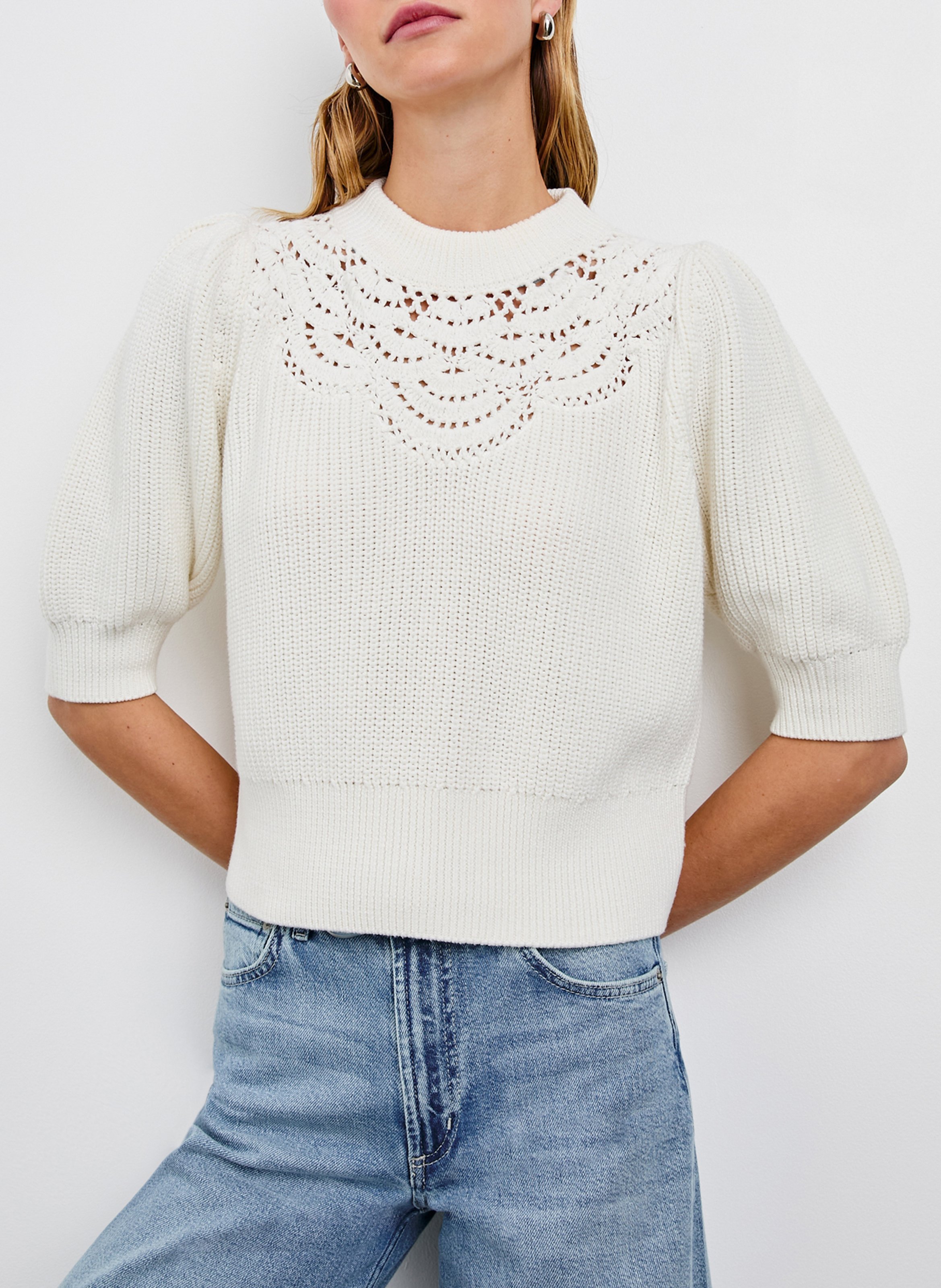 Pull col rond en coton RAILS Blanc