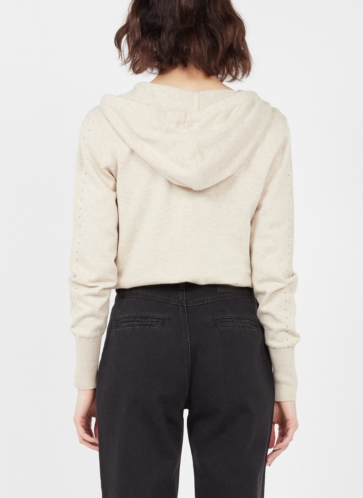 Studded zip-up organic cotton cardigan with hood ONE STEP Beige