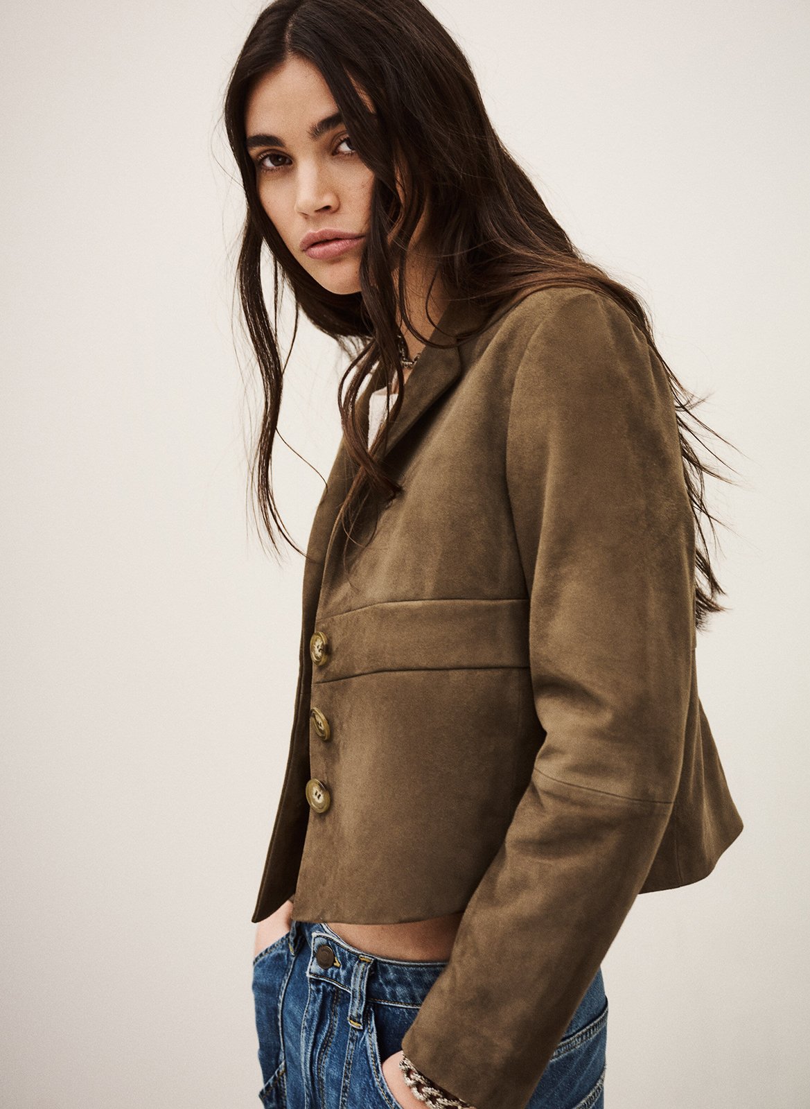 Jas getailleerd met colbertkraag van fluweel leer BA&SH Kaki