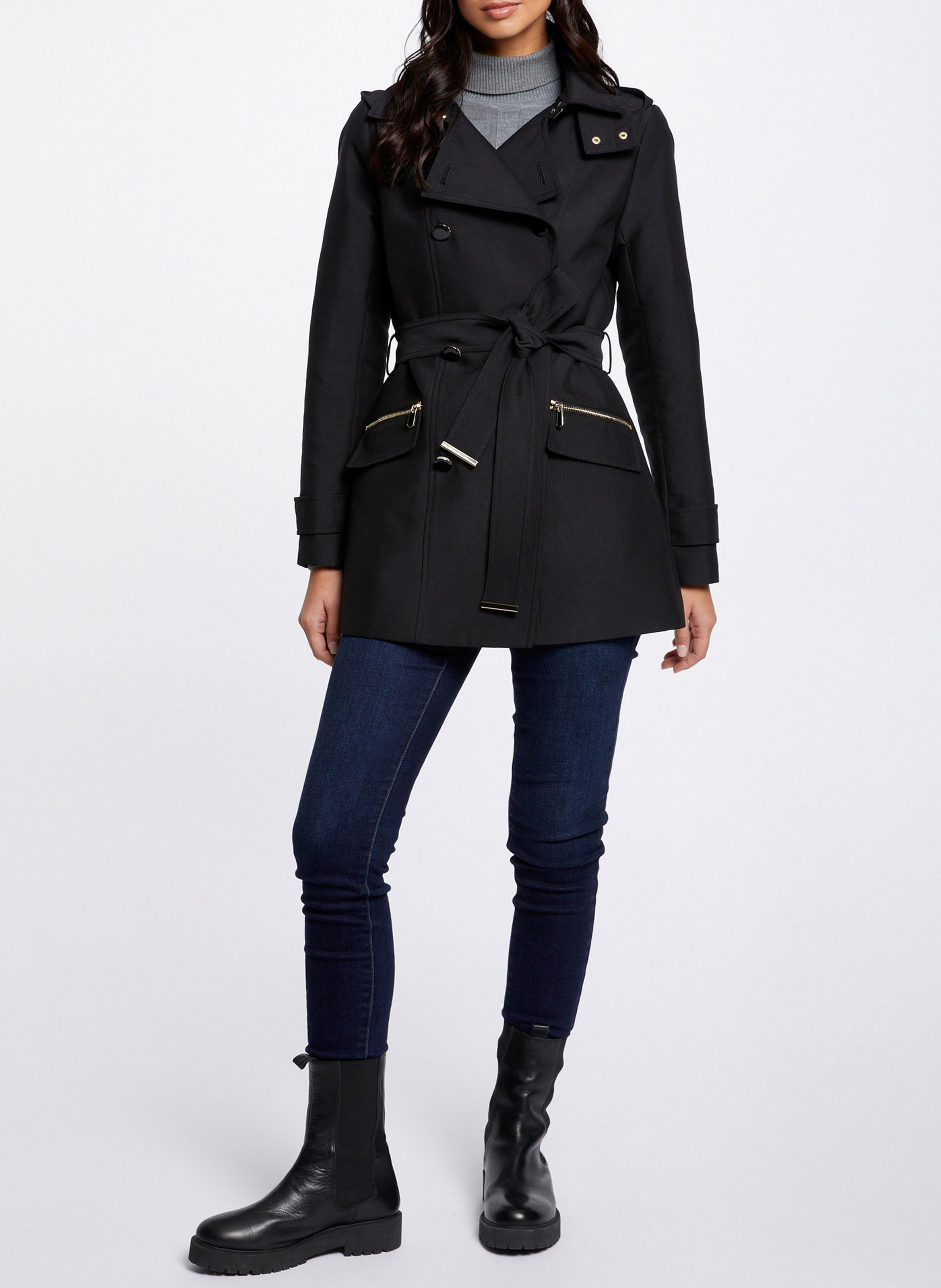 Getailleerde trenchcoat met reverskraag en capuchon MORGAN Zwart