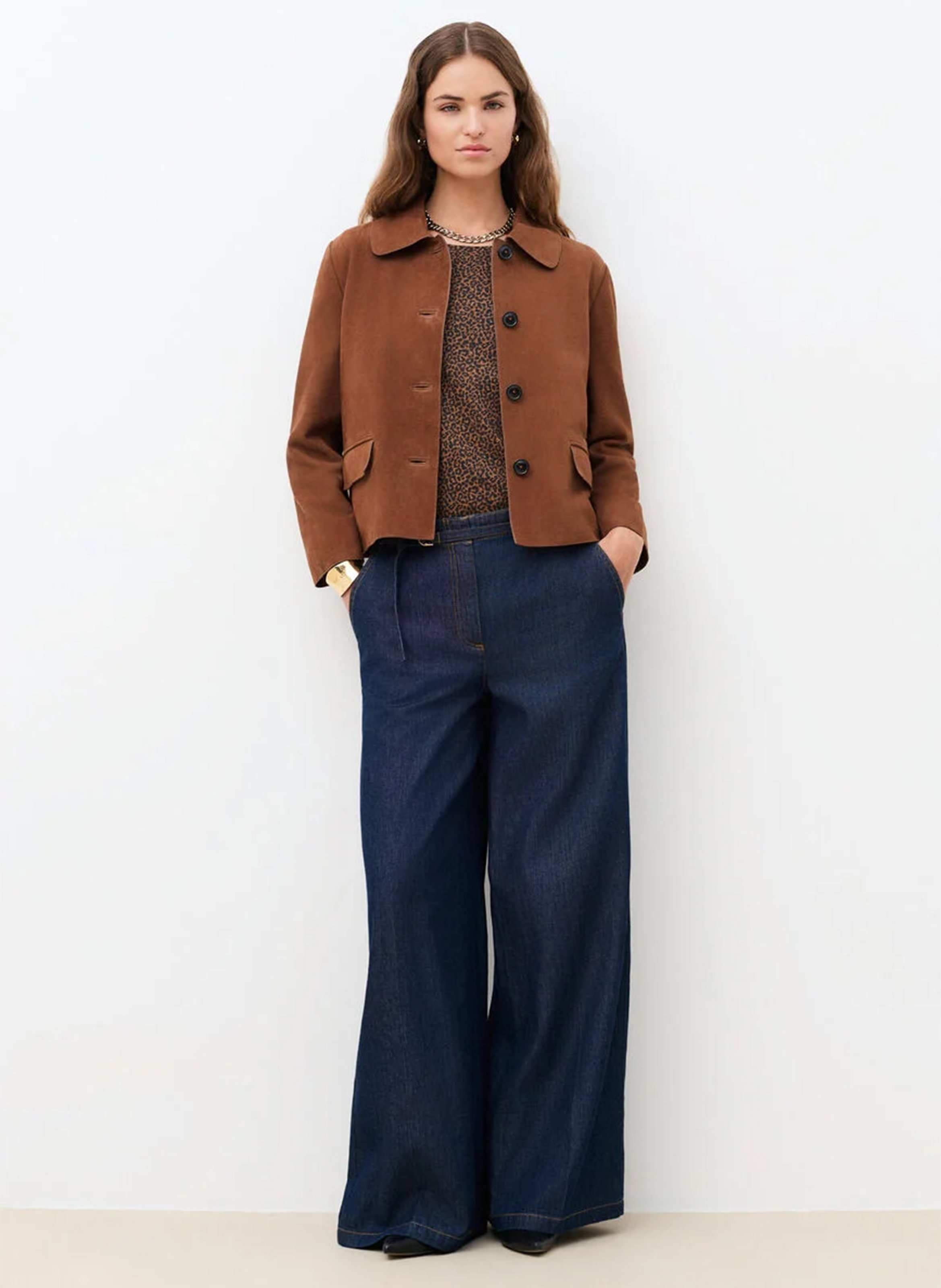 Veste droite col classique en cuir velours CAROLL Marron