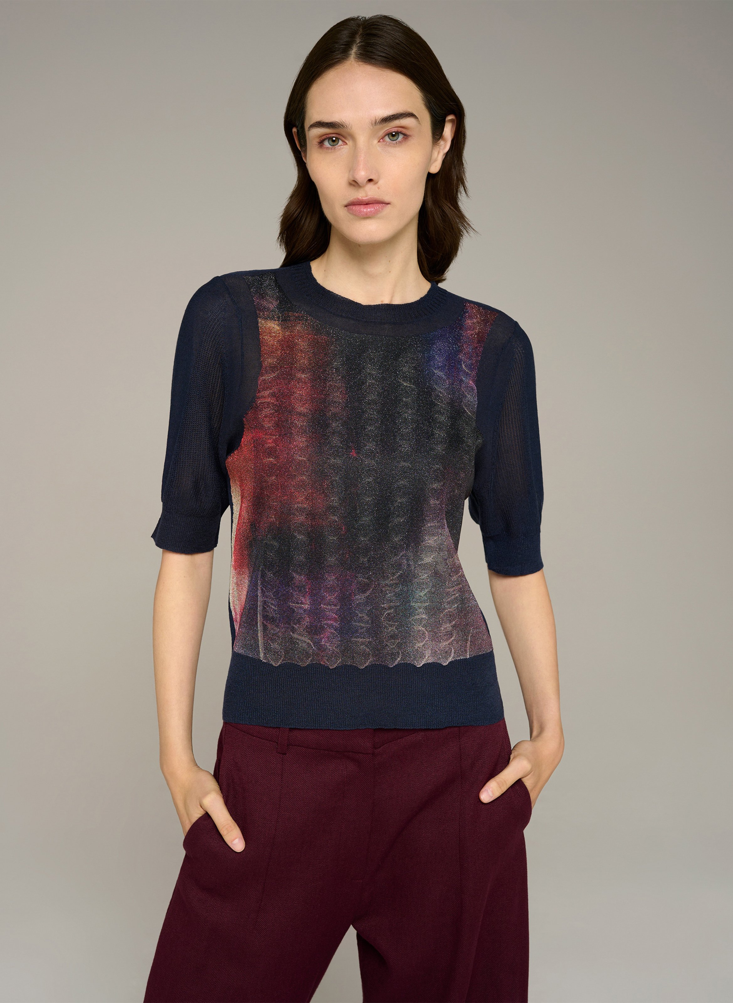 Rechte jacquard metallic pullover met ronde hals COTELAC