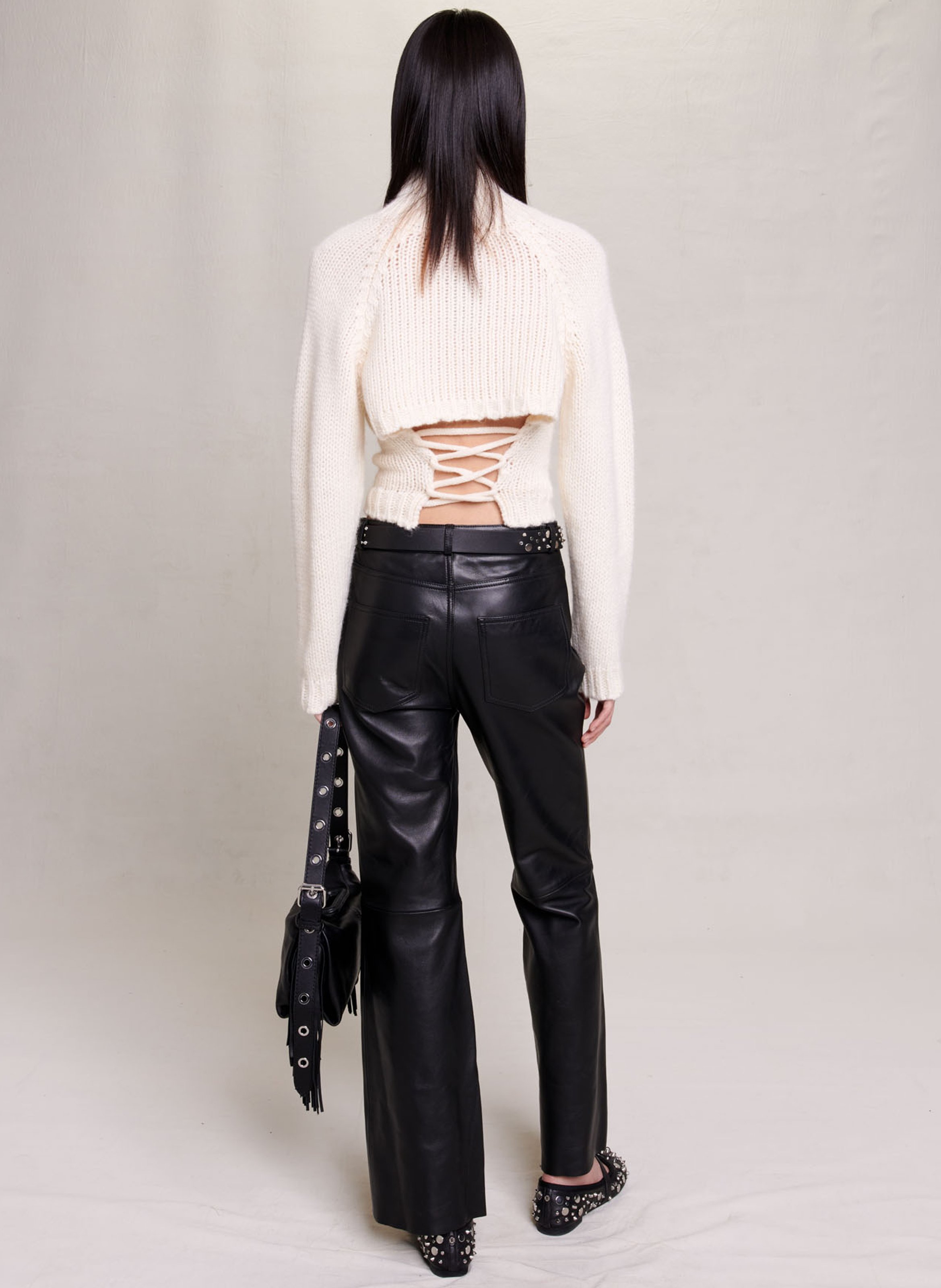 Pantalon flare en cuir Noir