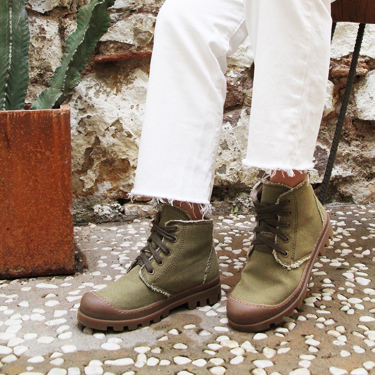 Lace-up recycled cotton canvas mid-calf boots with lugged sole JULES & JENN Green