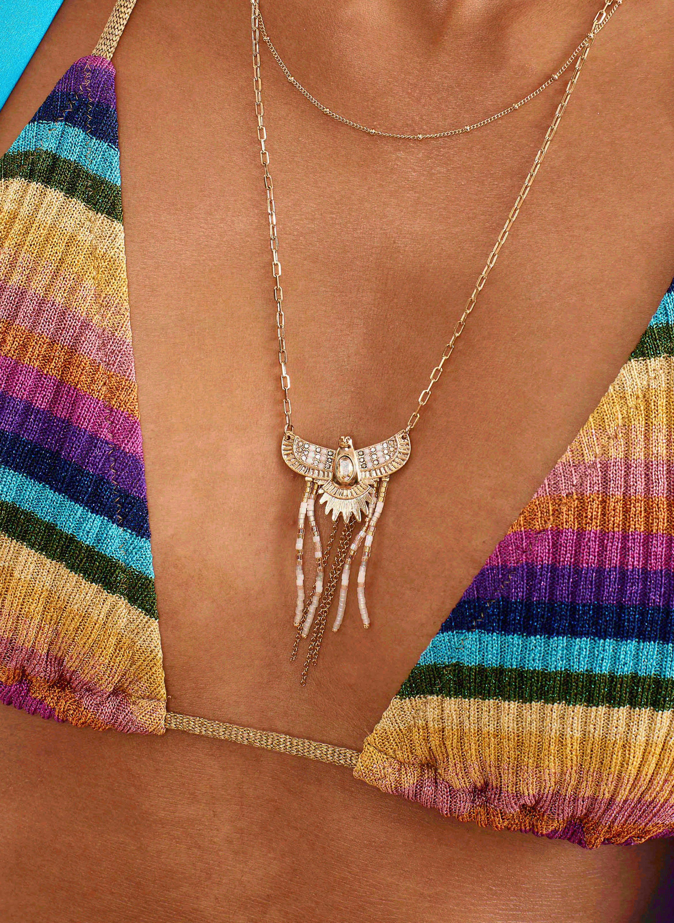 Multistrand chain necklace with central pendant and beads HIPANEMA White