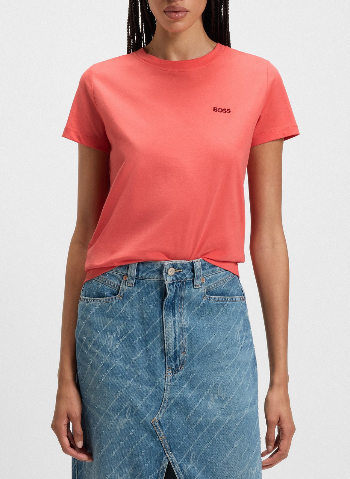 Tee-shirt droit col rond brodé en laine vierge BOSS