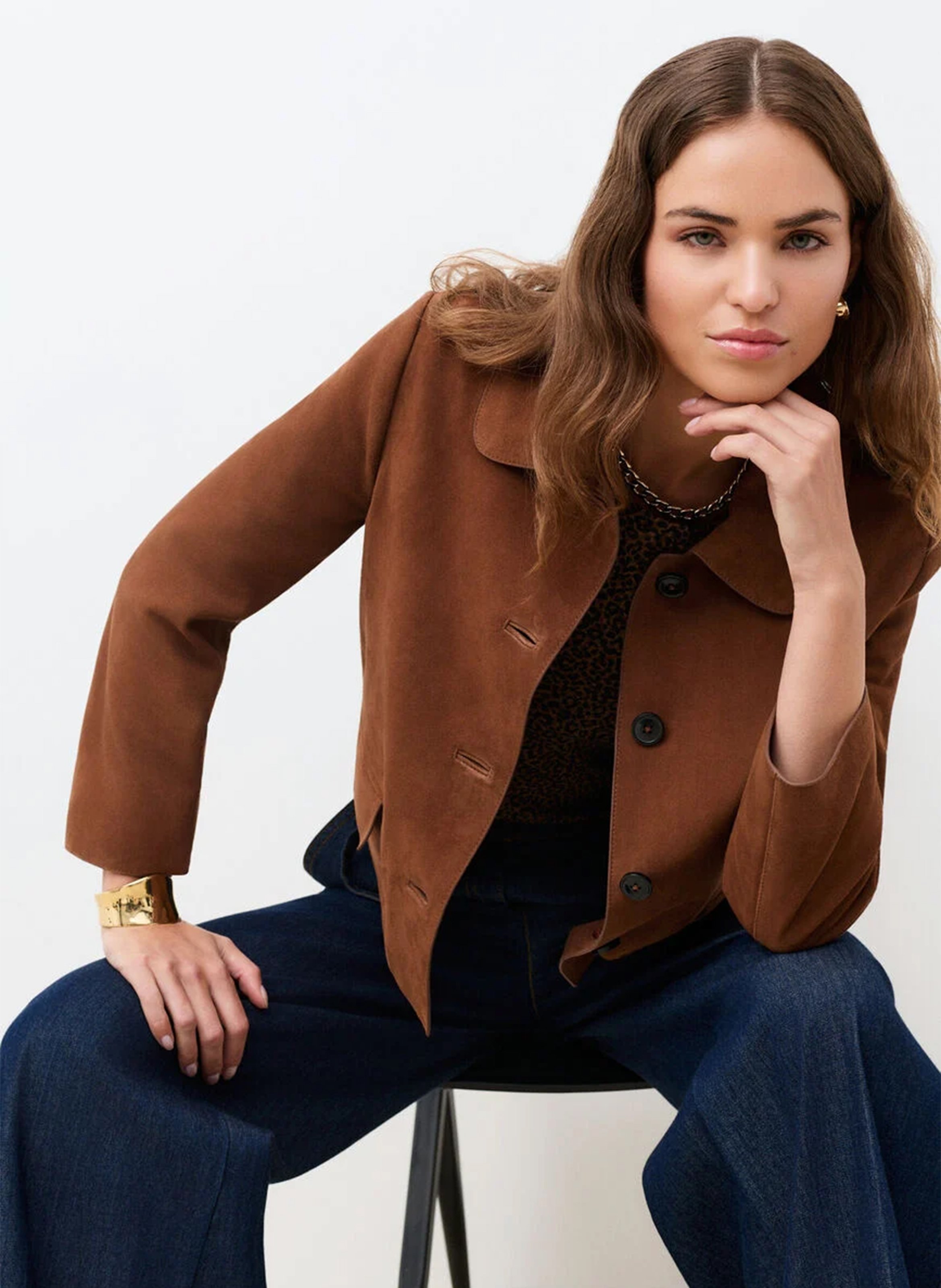 Veste droite col classique en cuir velours CAROLL Marron