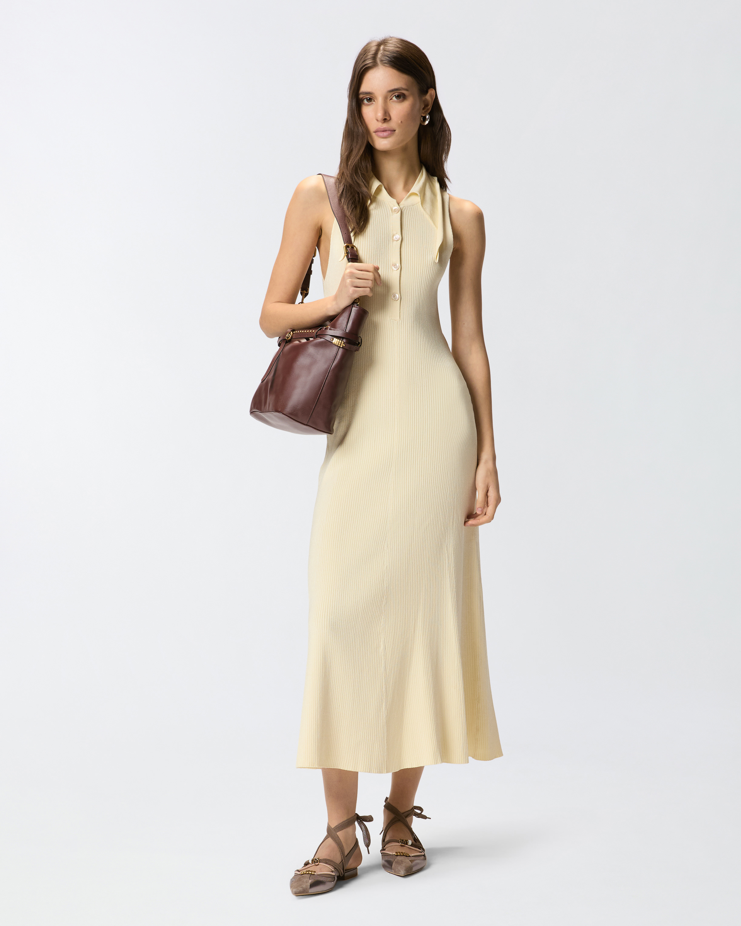 Robe longue côtelée à col façon bandana PINKO Beige
