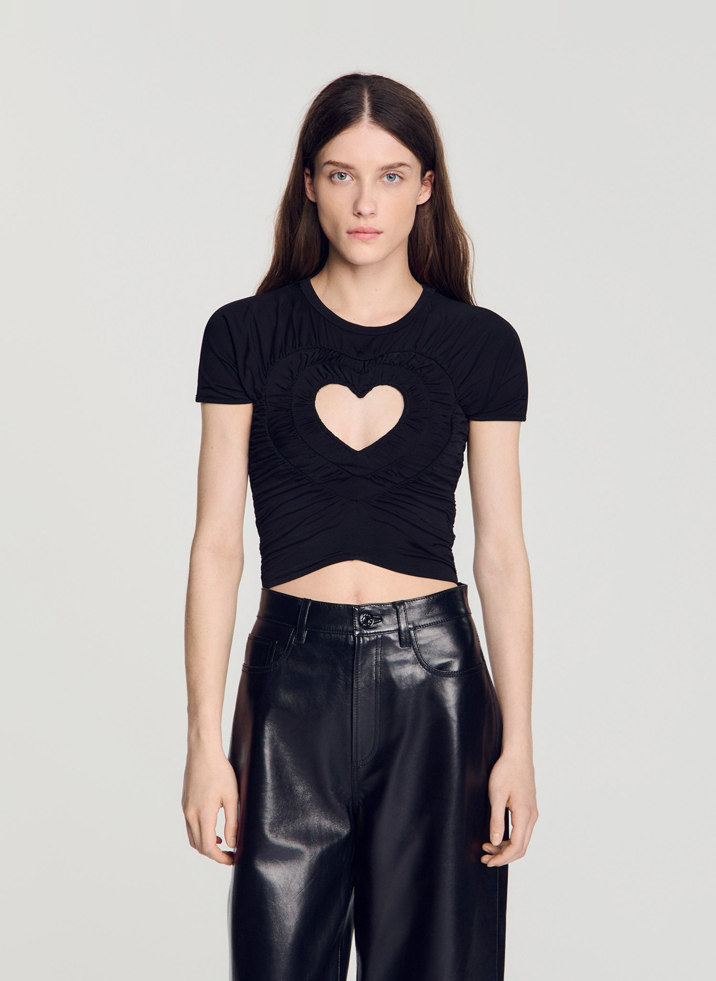 Short gathered heart t-shirt SANDRO Black