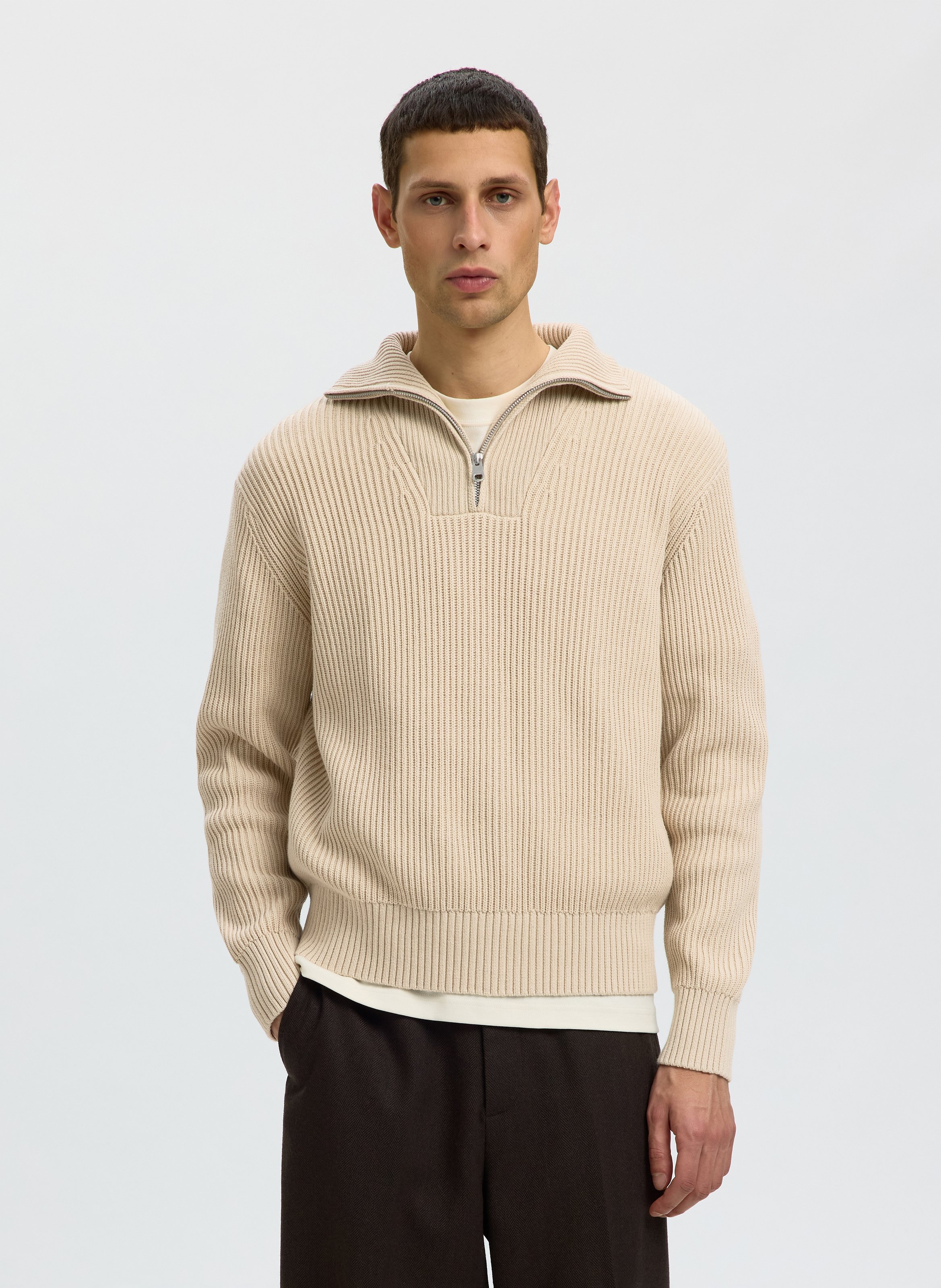 Pull col camionneur en coton SELECTED Beige