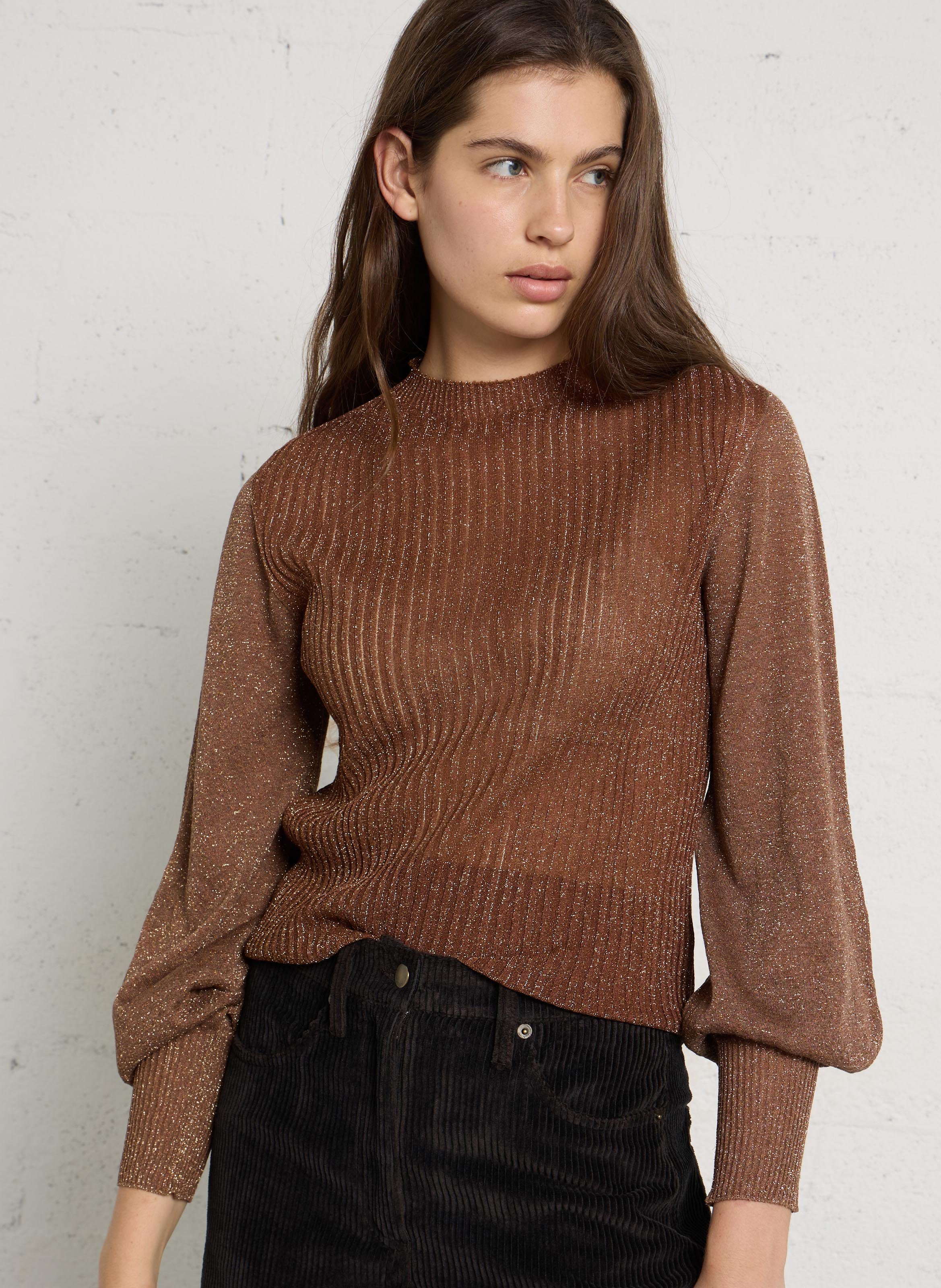 Tee-shirt col rond en maille métallisée MOMONI Marron