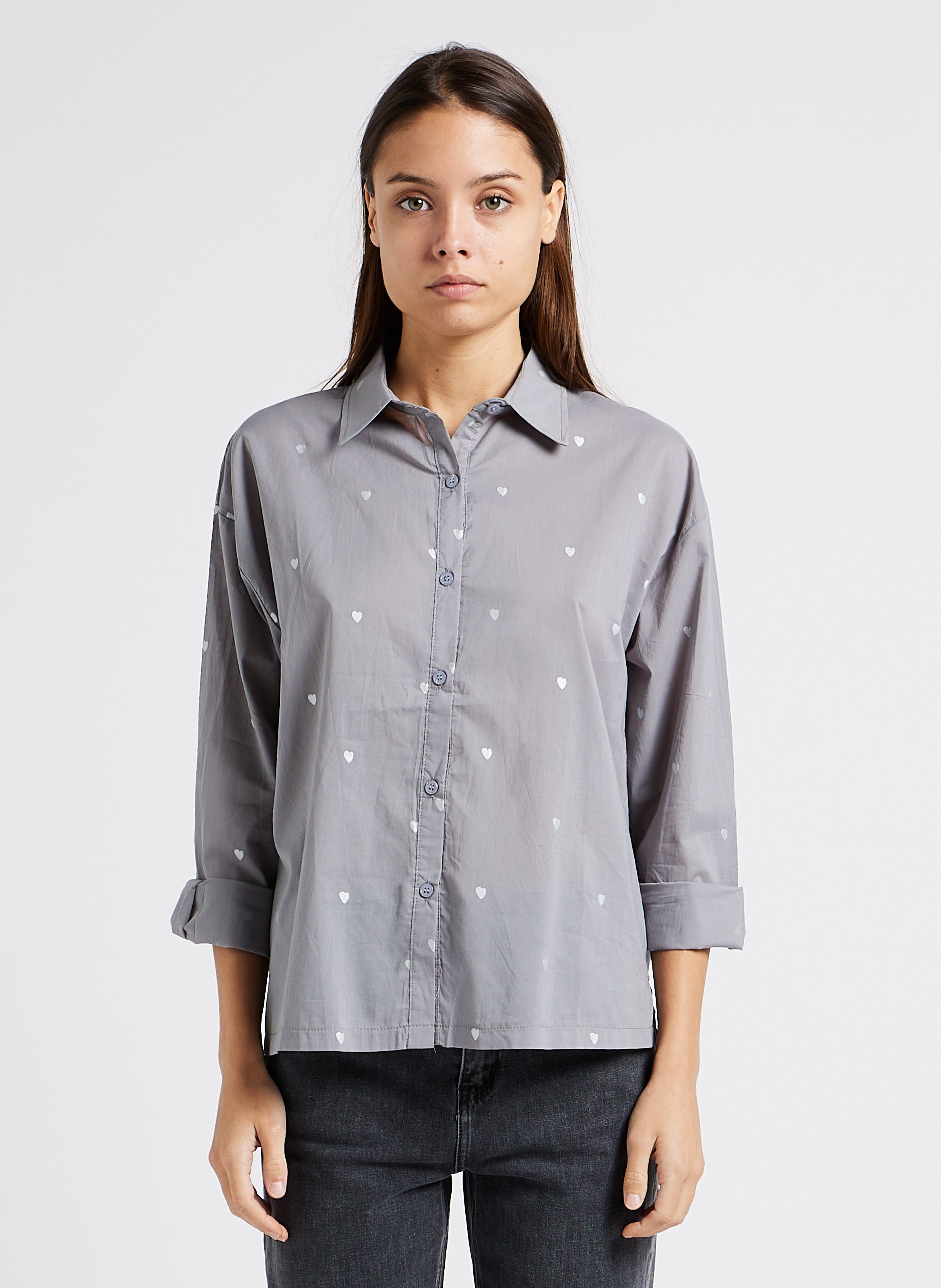 Grey Heart pattern cotton shirt with classic collar