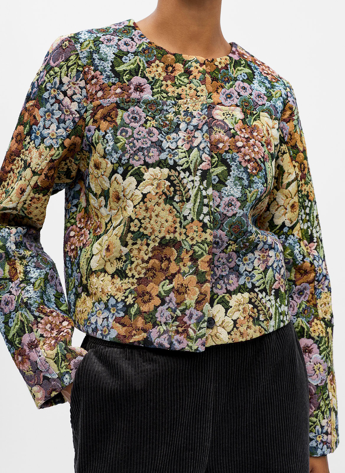 Rundhalsausschnitt-Jacke mit Blumenmuster OBJECT Beige