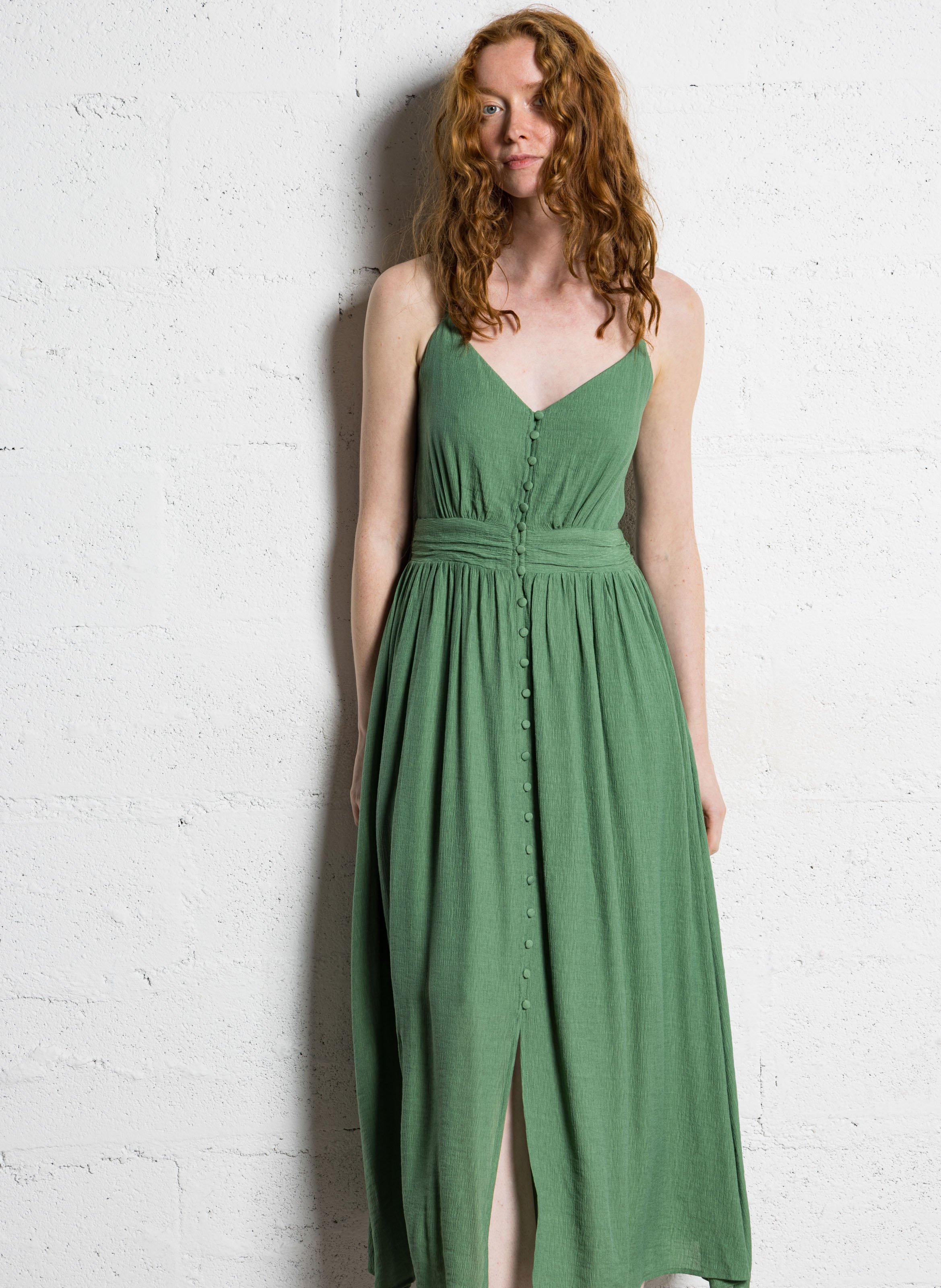 Robe midi évasée col V SUNCOO Vert