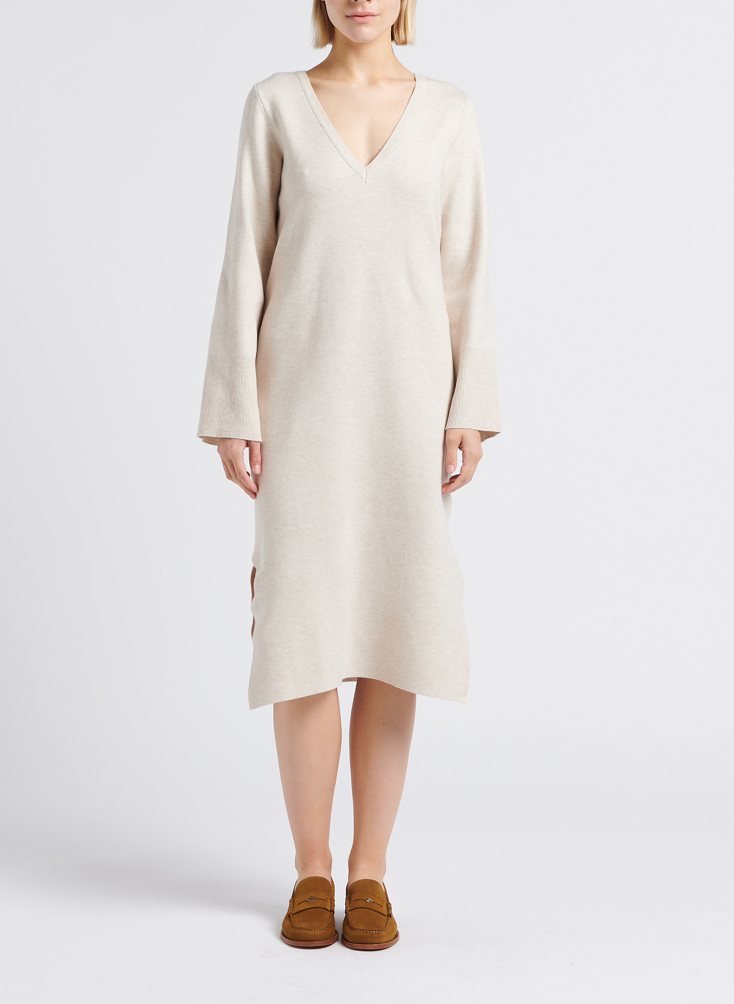 Robe pull longue droite à col V VILA Beige