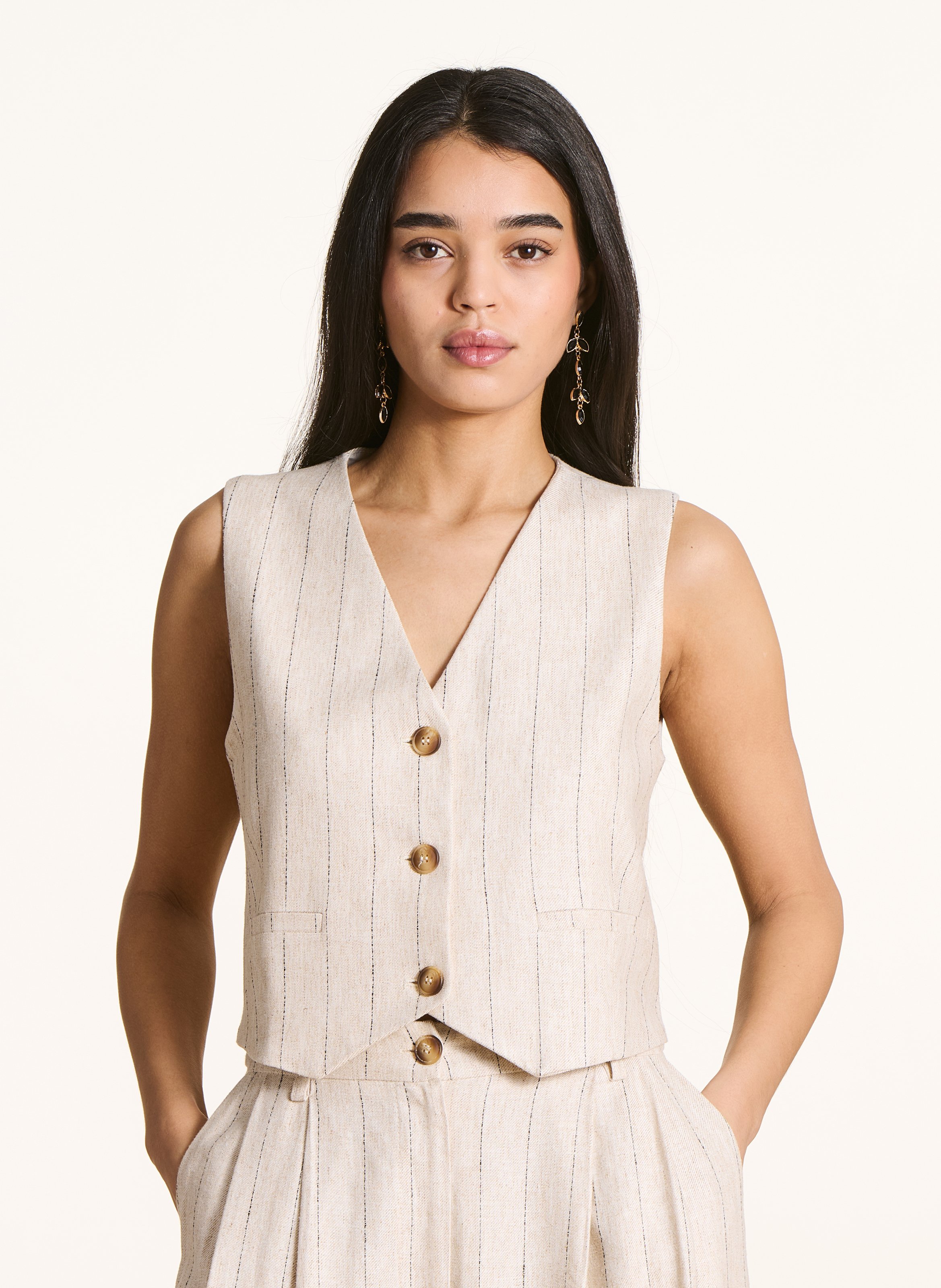 Gilet droit col V à rayures LA FEE MARABOUTEE Beige