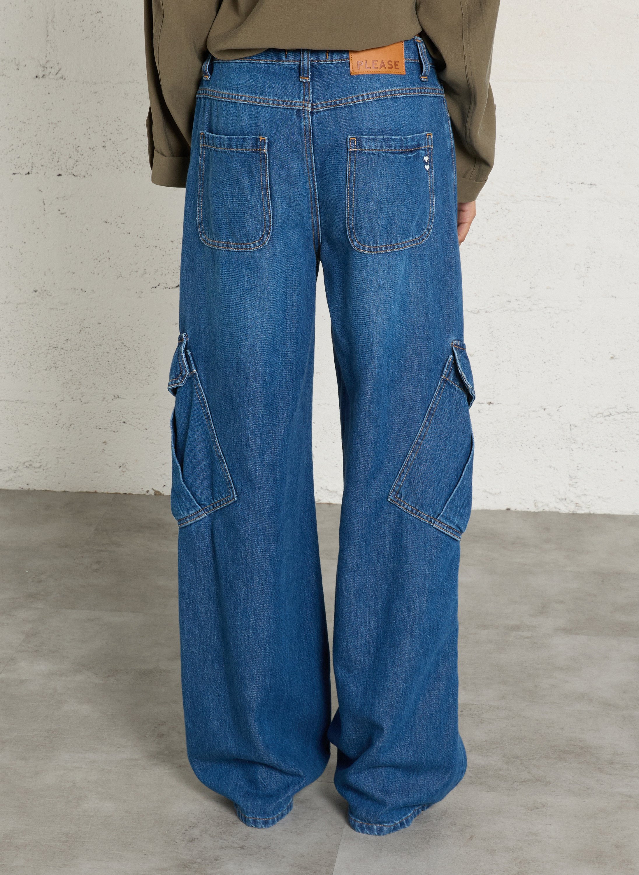 Straight cargo jeans in blended cotton PLEASE Blue