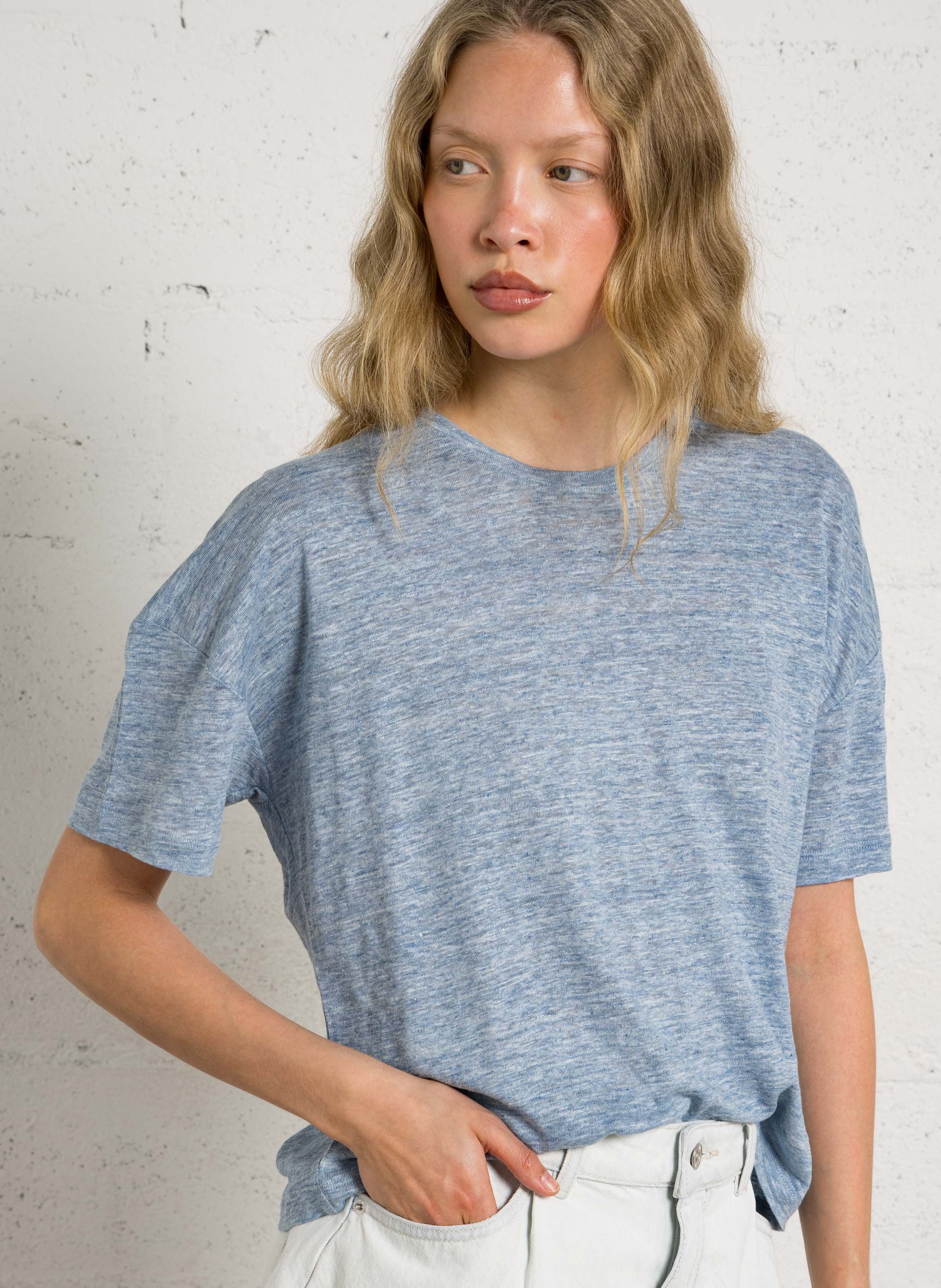 Tee-shirt droit col rond en lin BERENICE Bleu