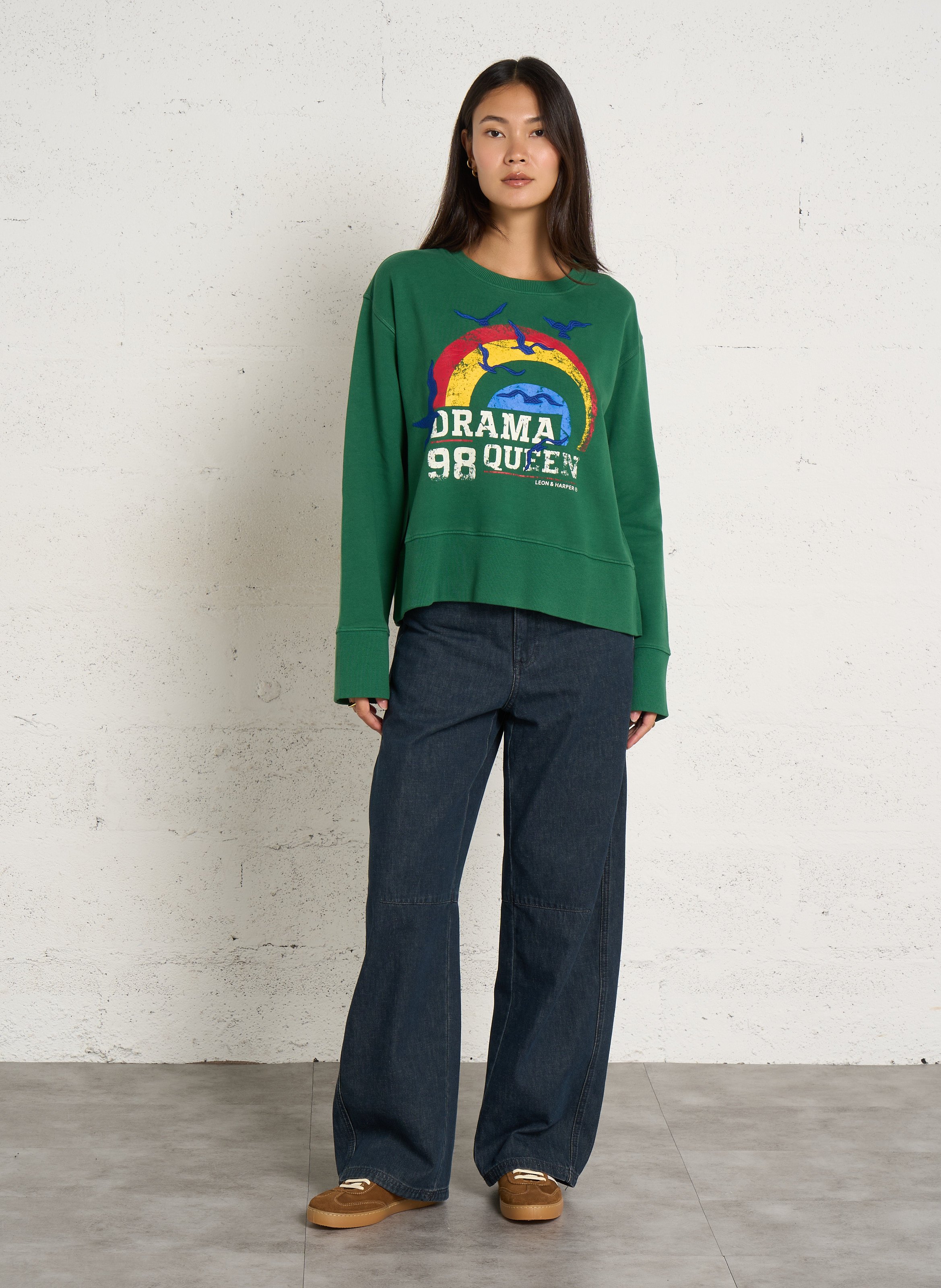 Sweat droit col rond imprimé en coton mélangé LEON & HARPER Vert