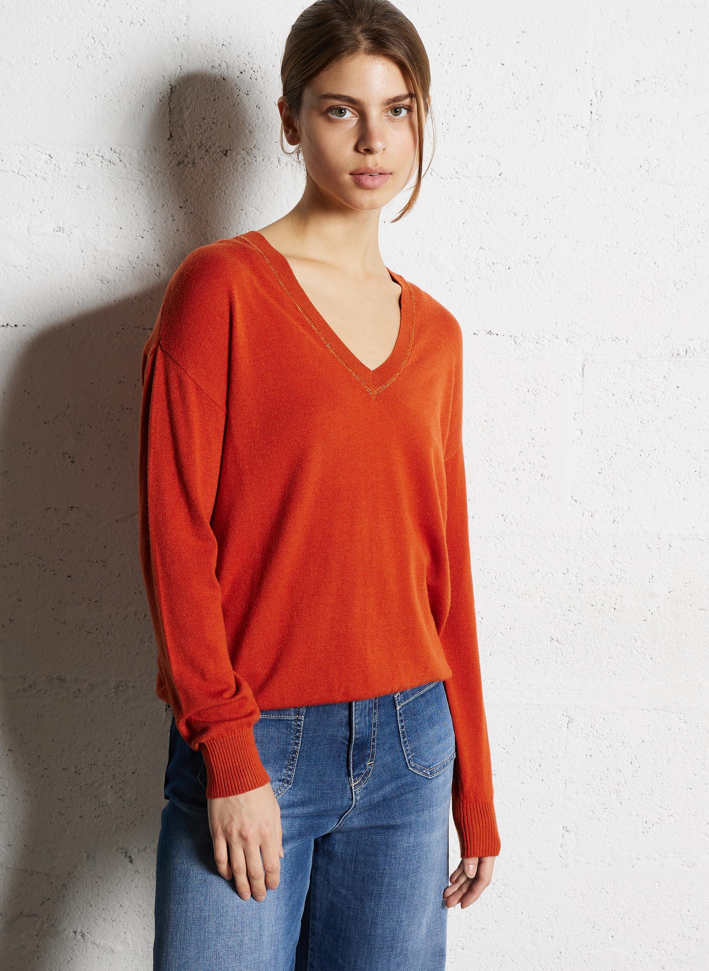 Orange v neck sweater women's best sale