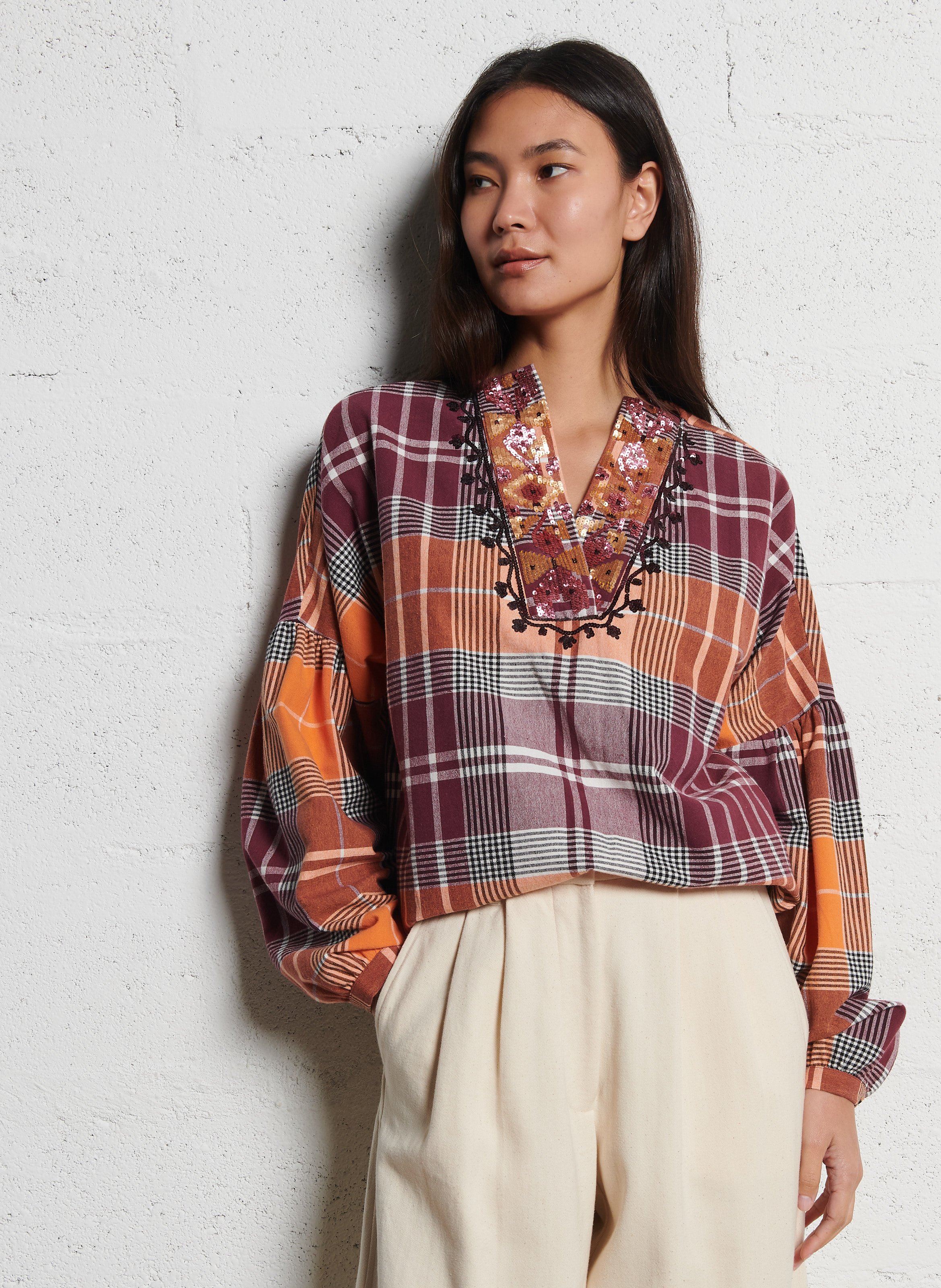 Blouse large col v sequins à carreaux V DE VINSTER Orange