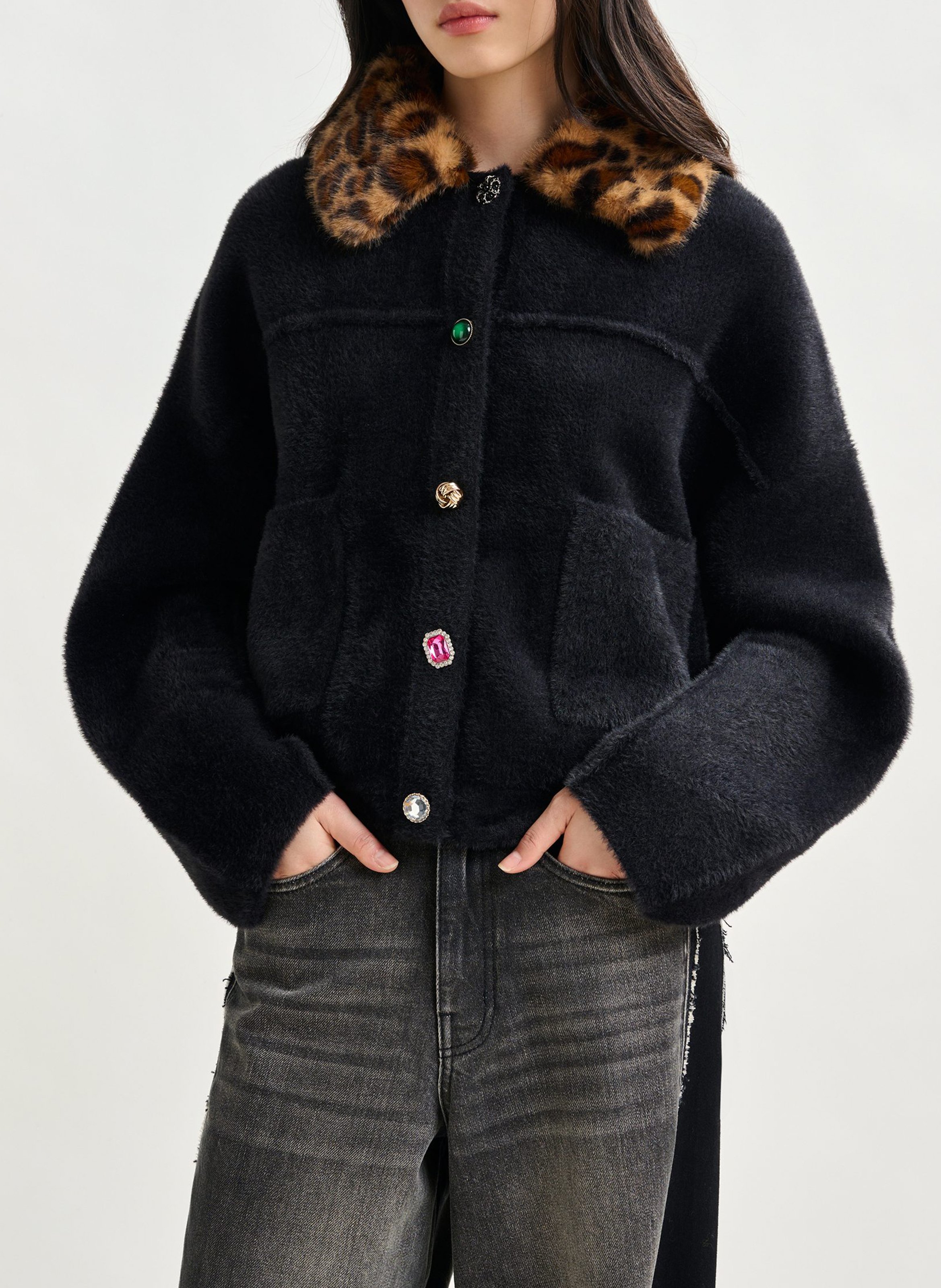 Cardigan ample à col fourrure amovible ESSENTIEL ANTWERP Noir