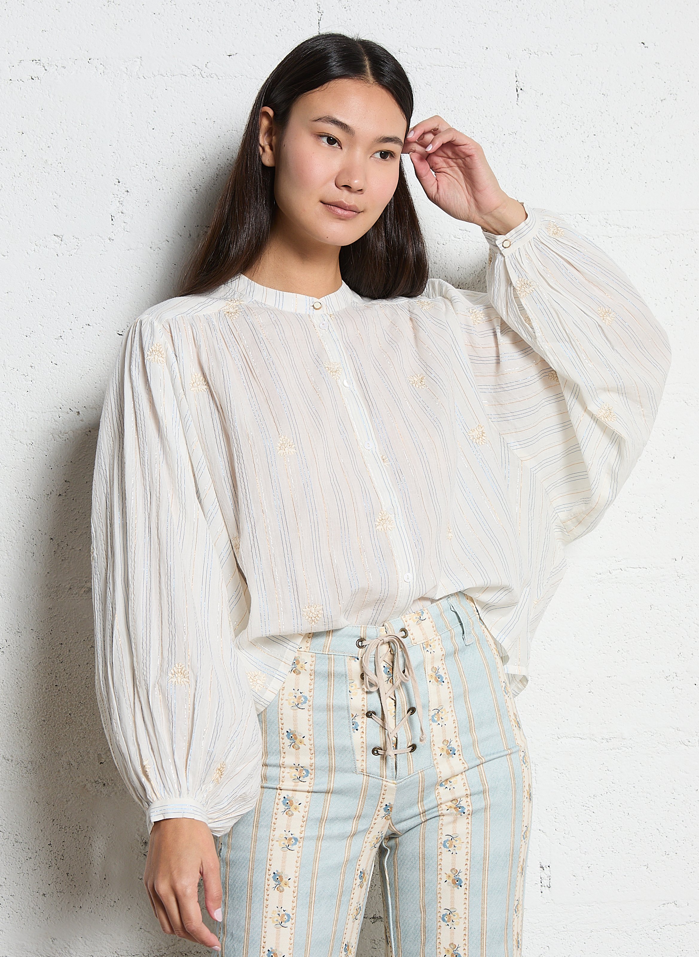 Bluse aus Baumwoll-Mix mit V-Ausschnitt MAISON HOTEL Weiss