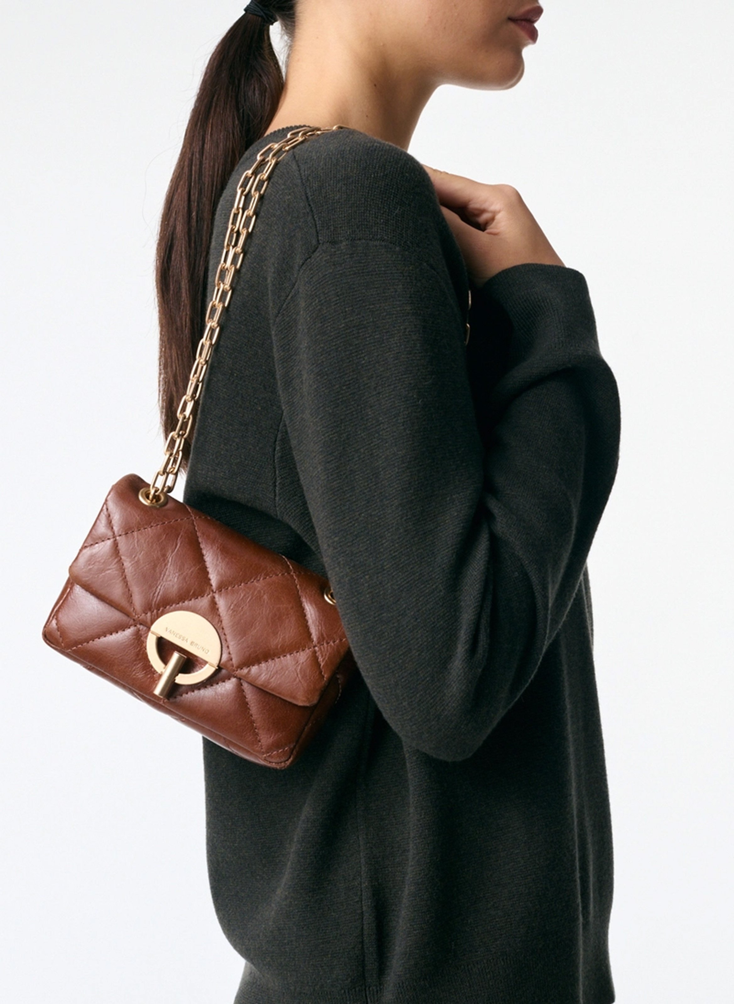 Gewatteerde, leren schoudertas Bruin