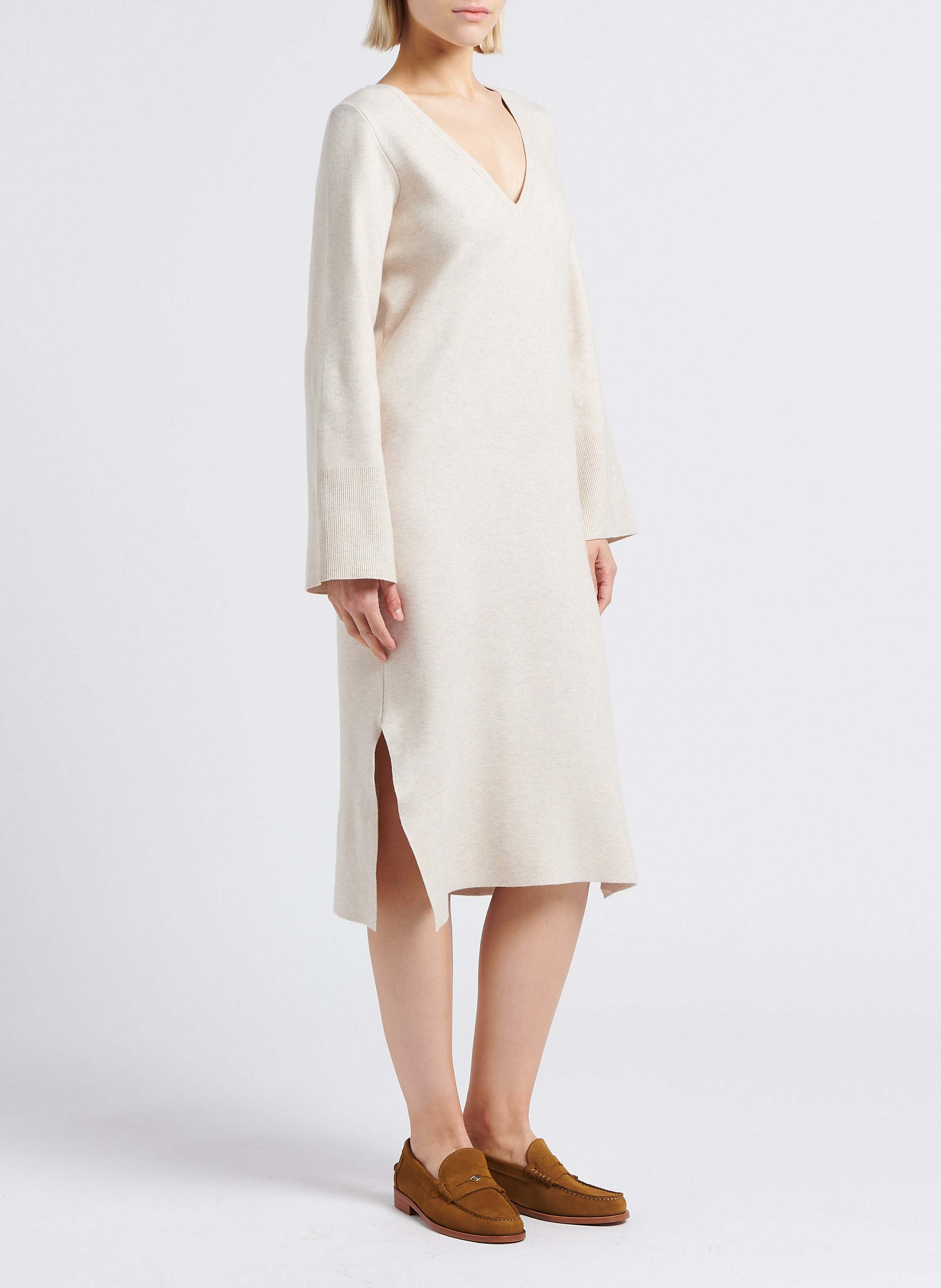 Robe pull longue droite à col V VILA Beige