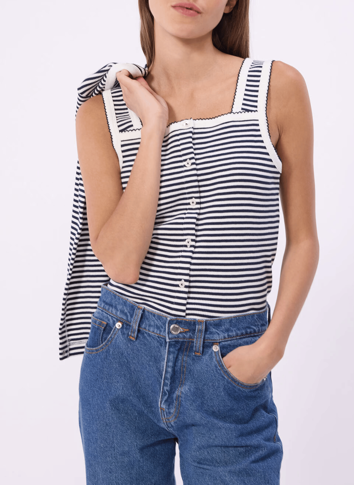 Square neck striped cotton top PETIT BATEAU Grey