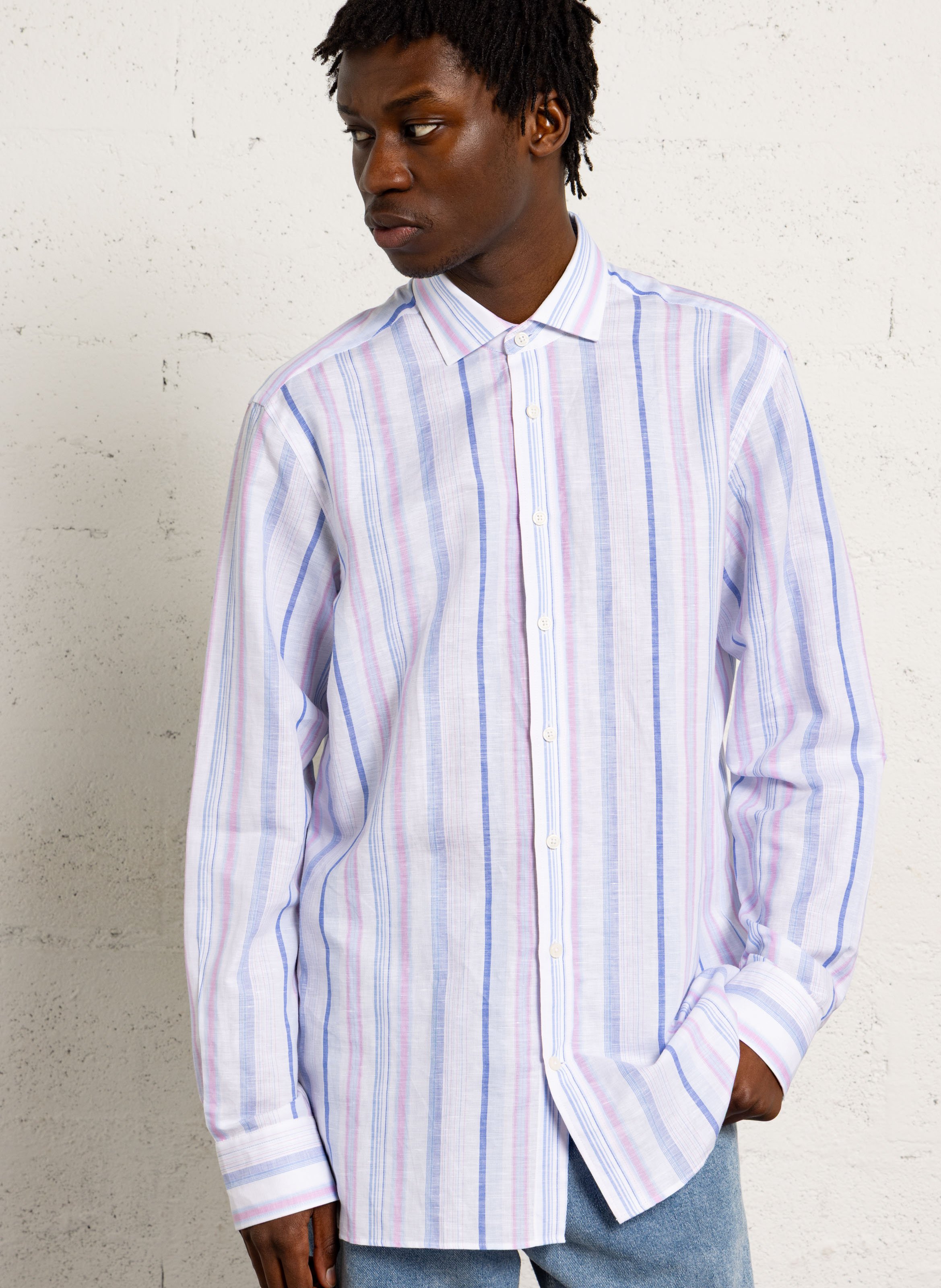 Linen-blend shirt with classic collar HACKETT Blue