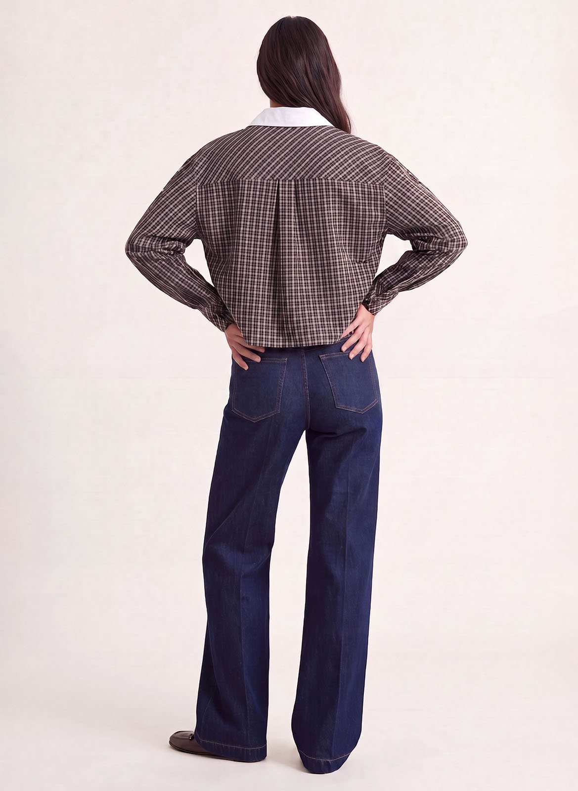 Chemise droite courte col classique à carreaux en coton KOOKAI Marron