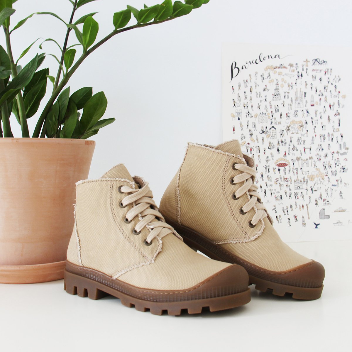 Lace-up recycled cotton canvas mid-calf boots with lugged sole JULES & JENN Brown