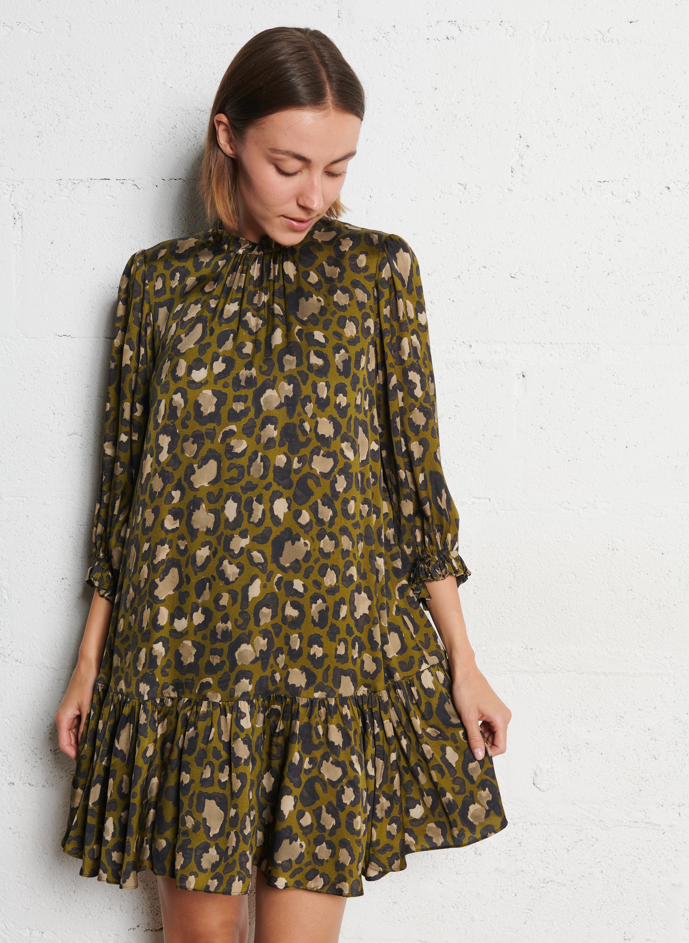 Leopard print loose short dress IKKS Khaki