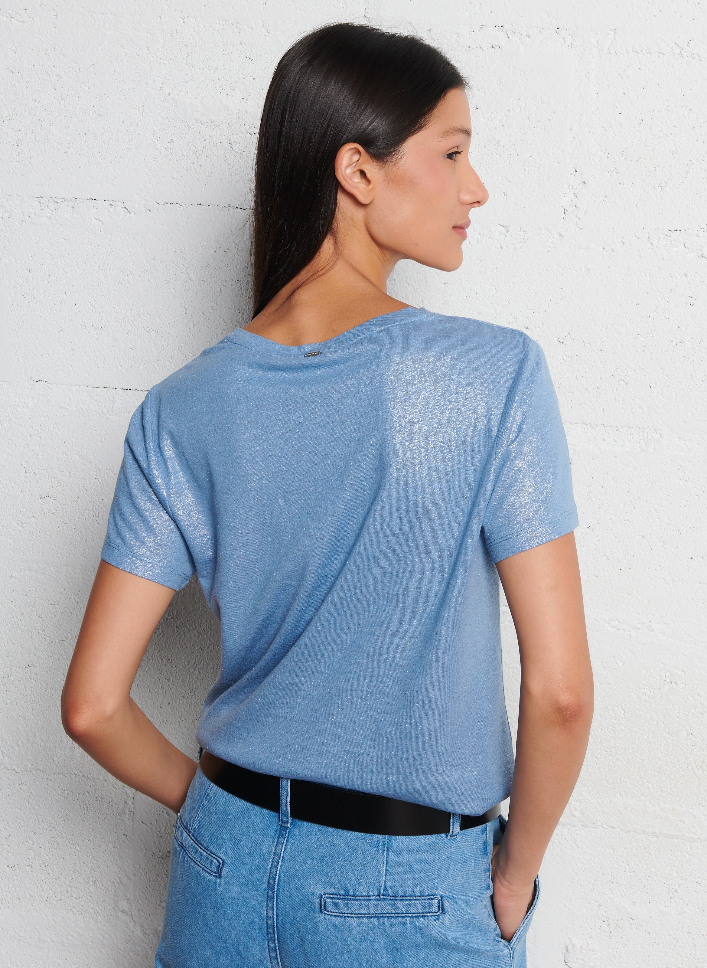 Tee-shirt col V irisé en lin mélangé IKKS Bleu