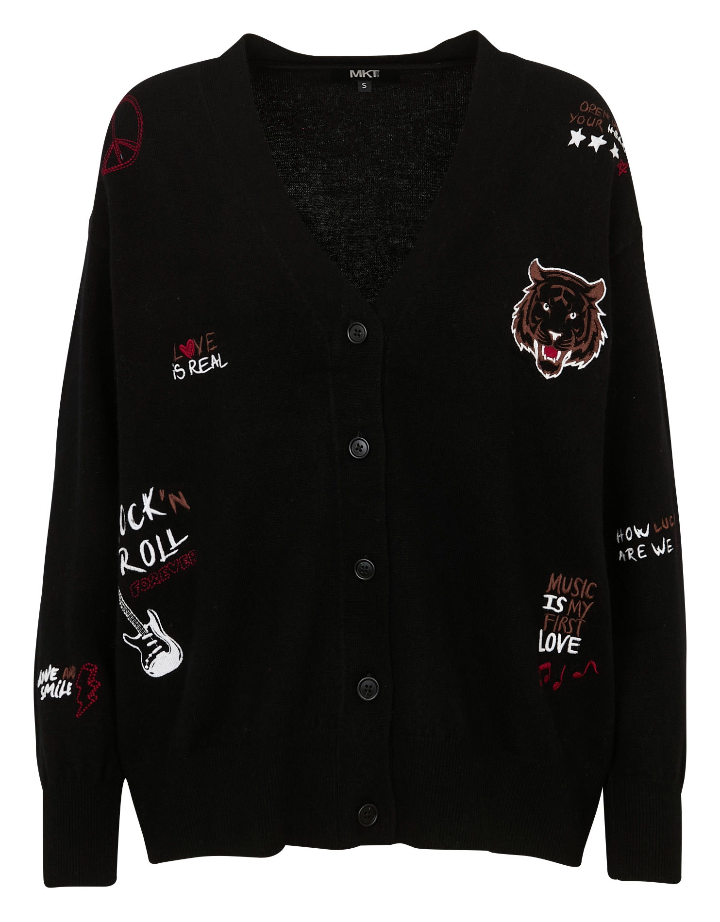 Gilet ample col V brodé en laine mérinos MKT Noir