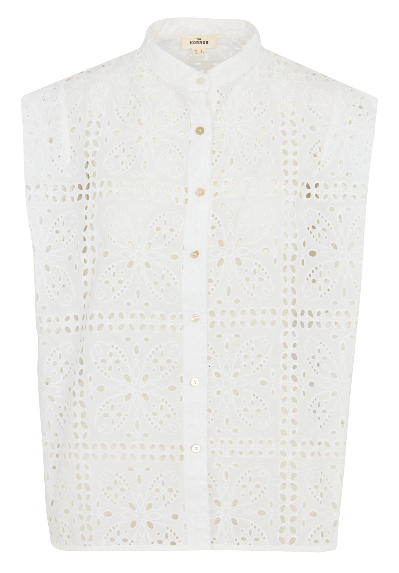 Top sans manches boutonné à broderies THE KORNER Blanc
