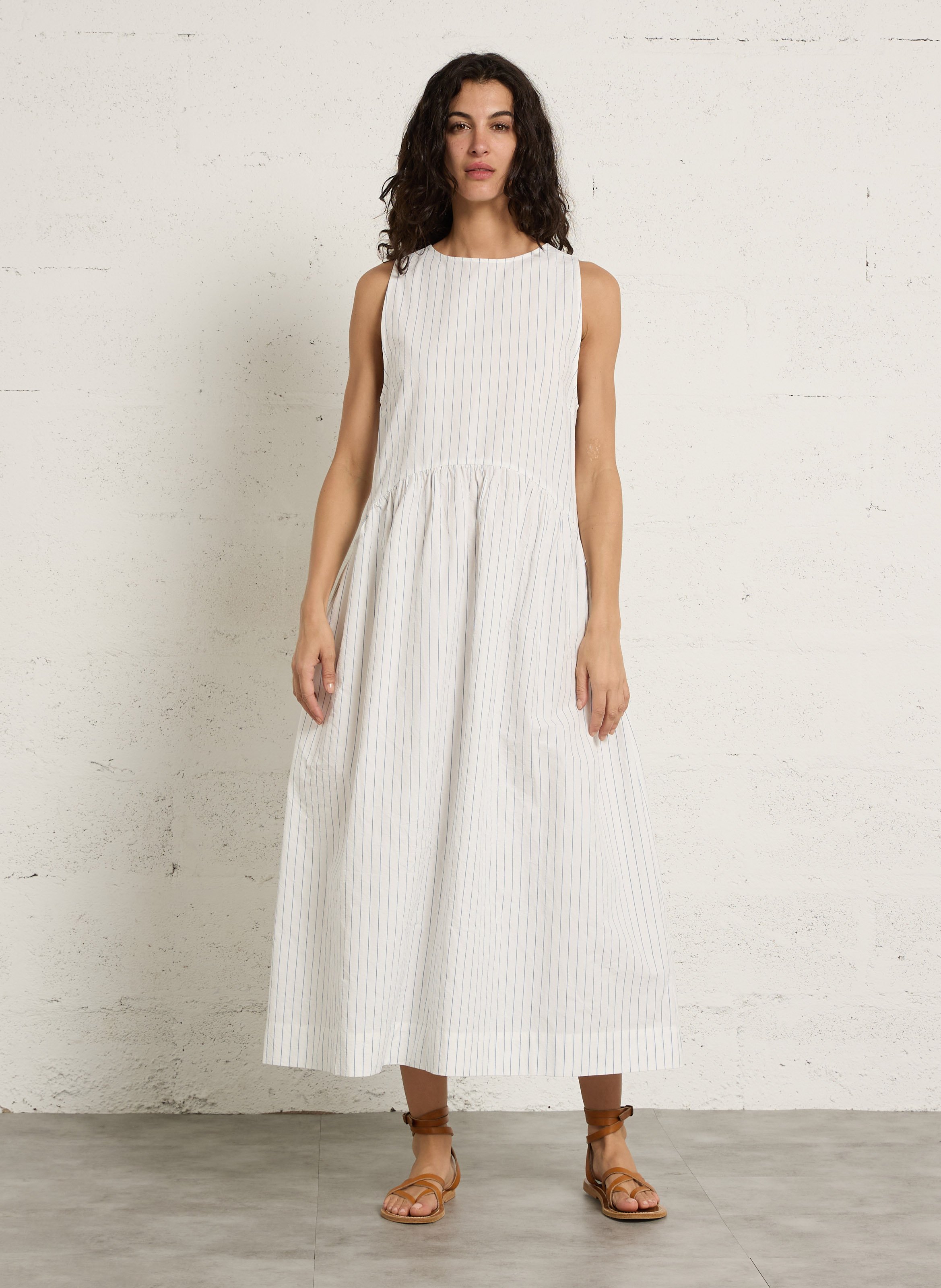Long round neck dress in striped cotton and linen THE TINY BIG SISTER White