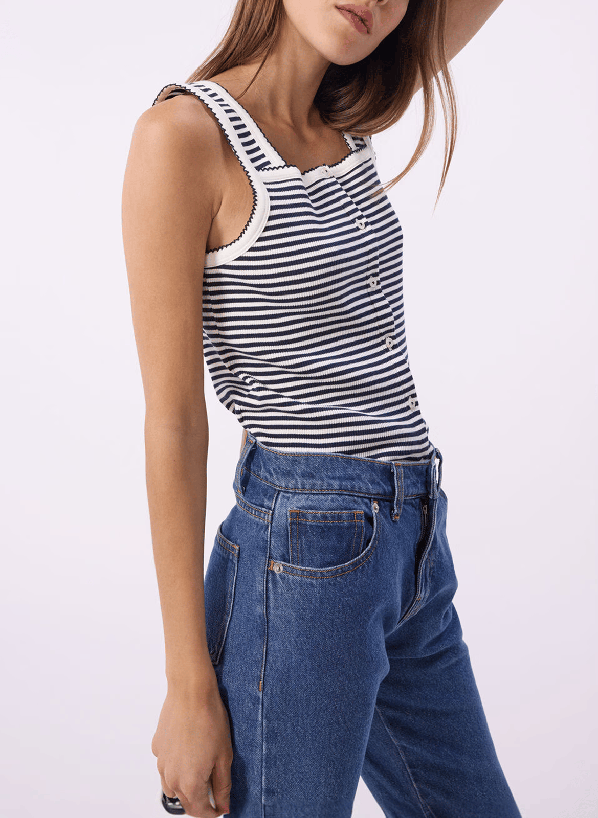 Square neck striped cotton top PETIT BATEAU Grey