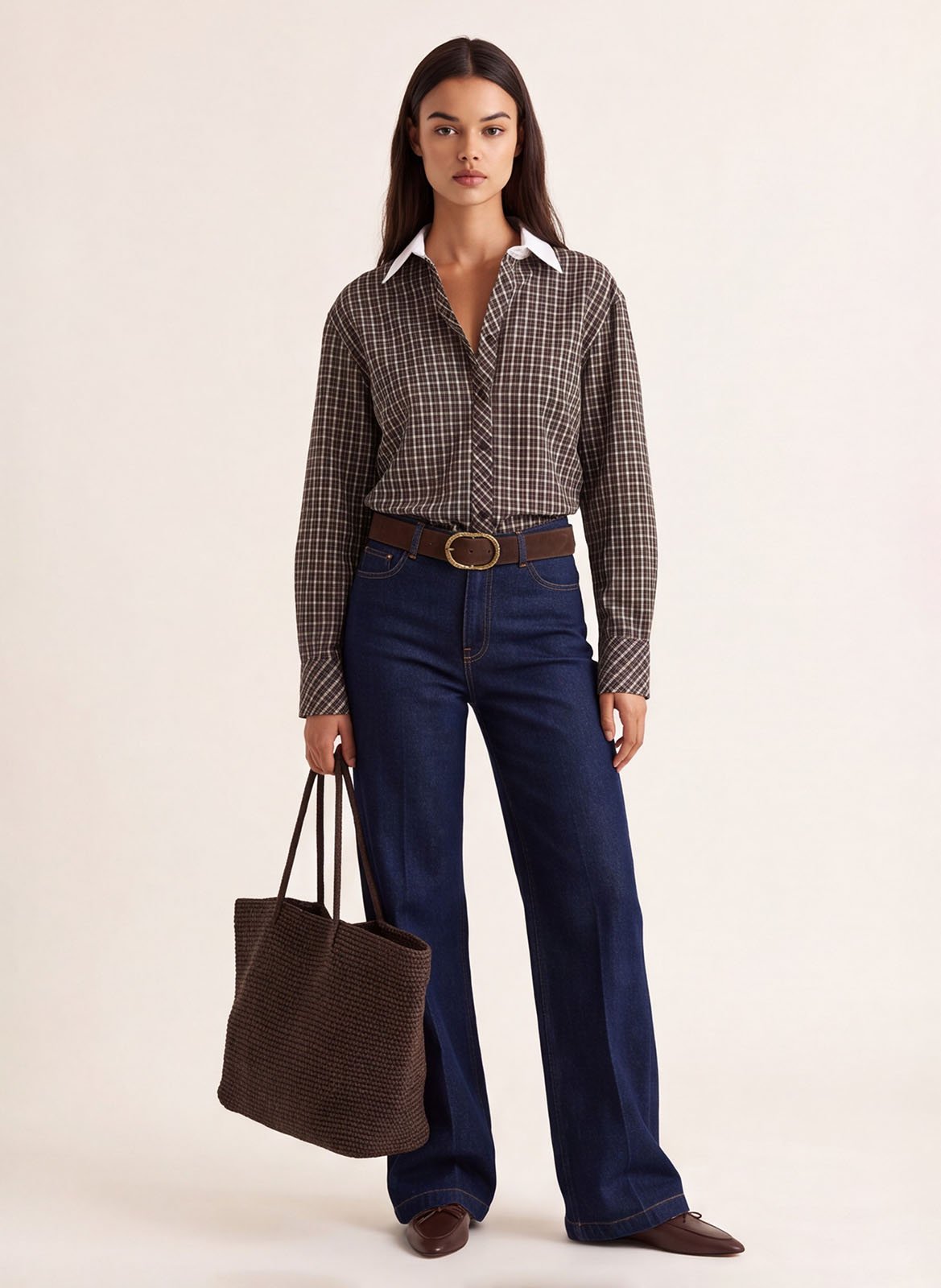 Chemise droite courte col classique à carreaux en coton KOOKAI Marron