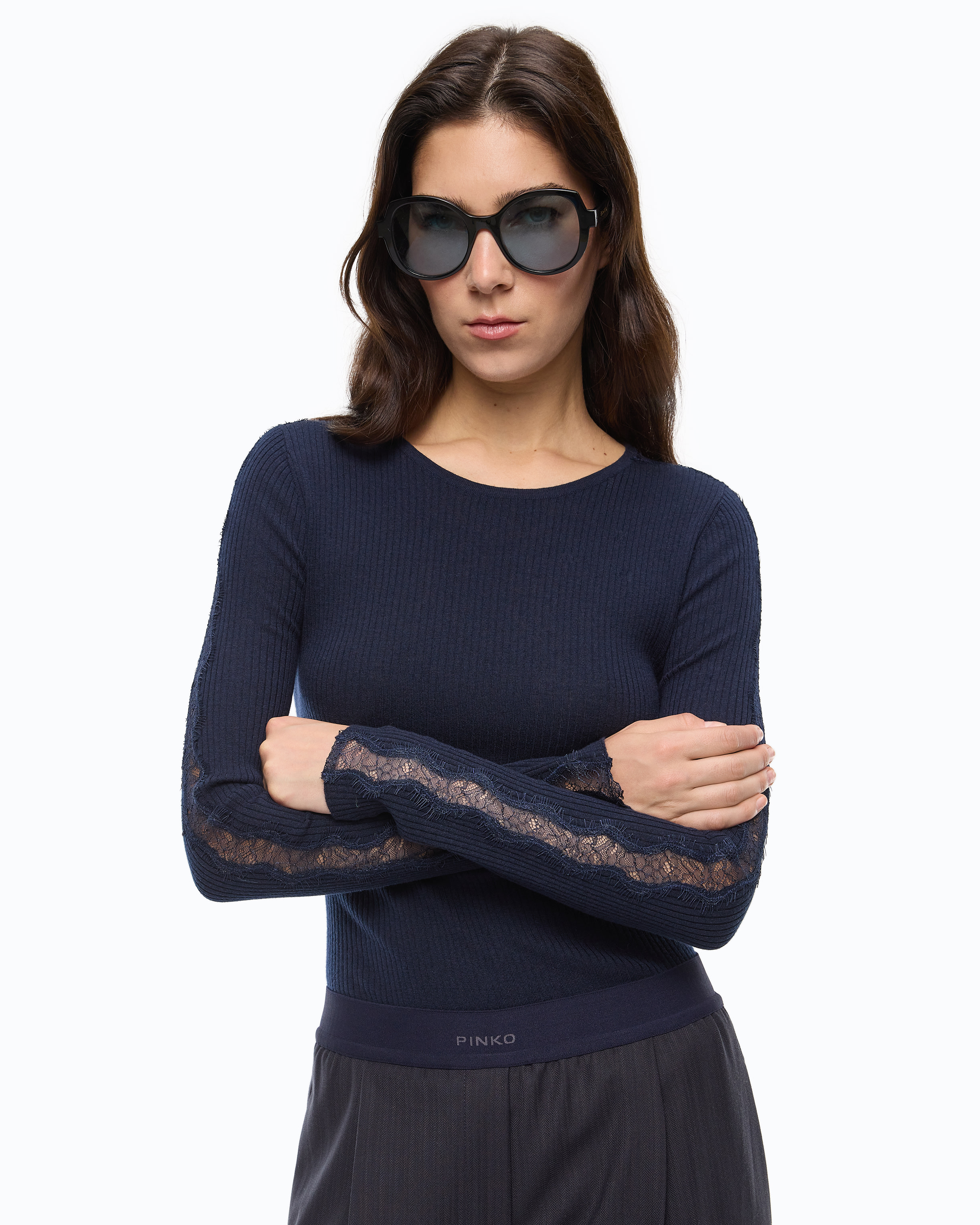 Pull côtelé à dentelle PINKO Bleu