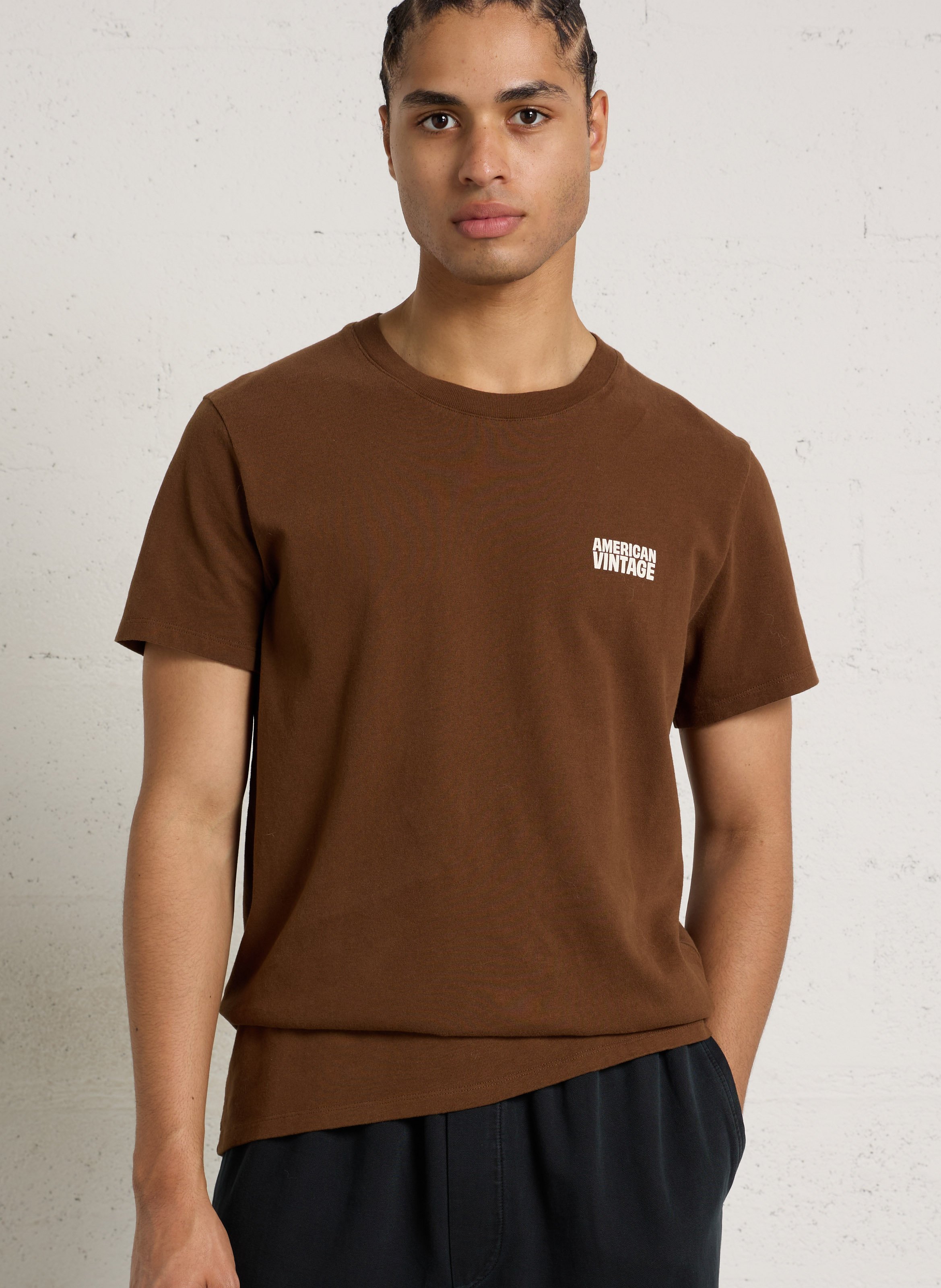 Tee-shirt droit col rond en coton AMERICAN VINTAGE Marron