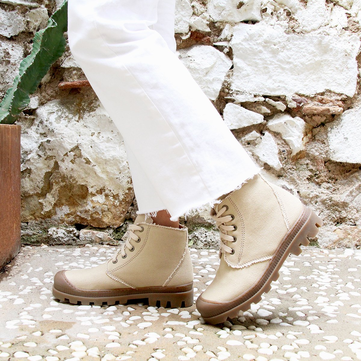 Lace-up recycled cotton canvas mid-calf boots with lugged sole JULES & JENN Brown