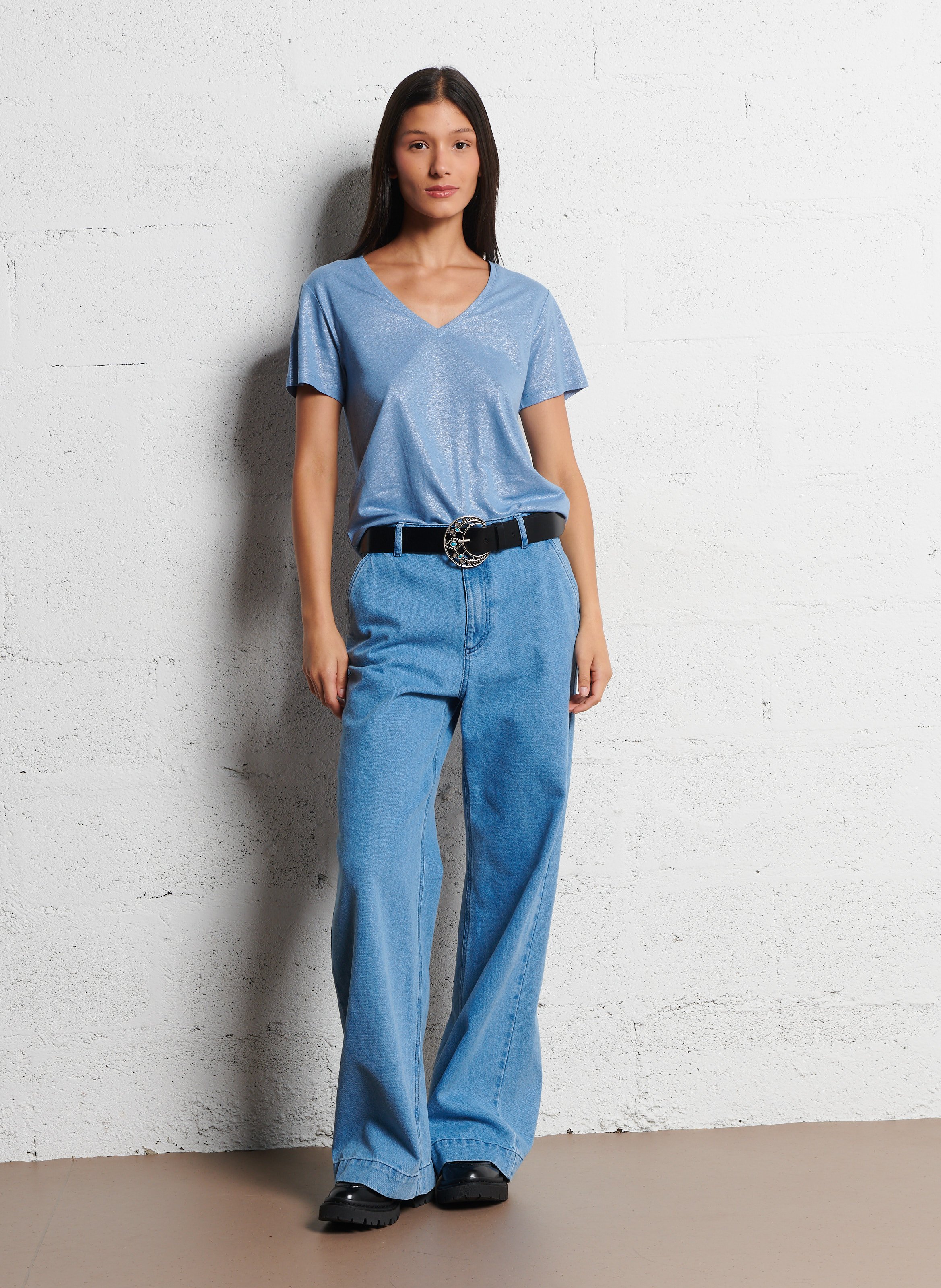 Tee-shirt col V irisé en lin mélangé IKKS Bleu